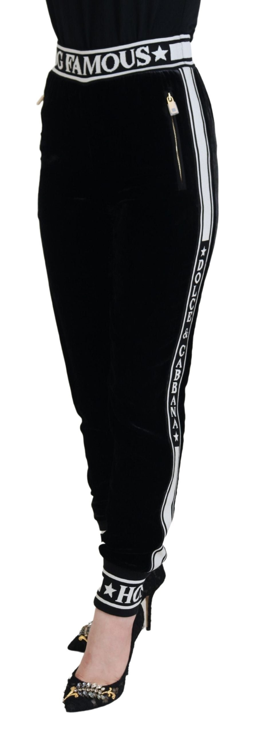 Dolce & Gabbana Black DG Logo Velvet Trousers-2