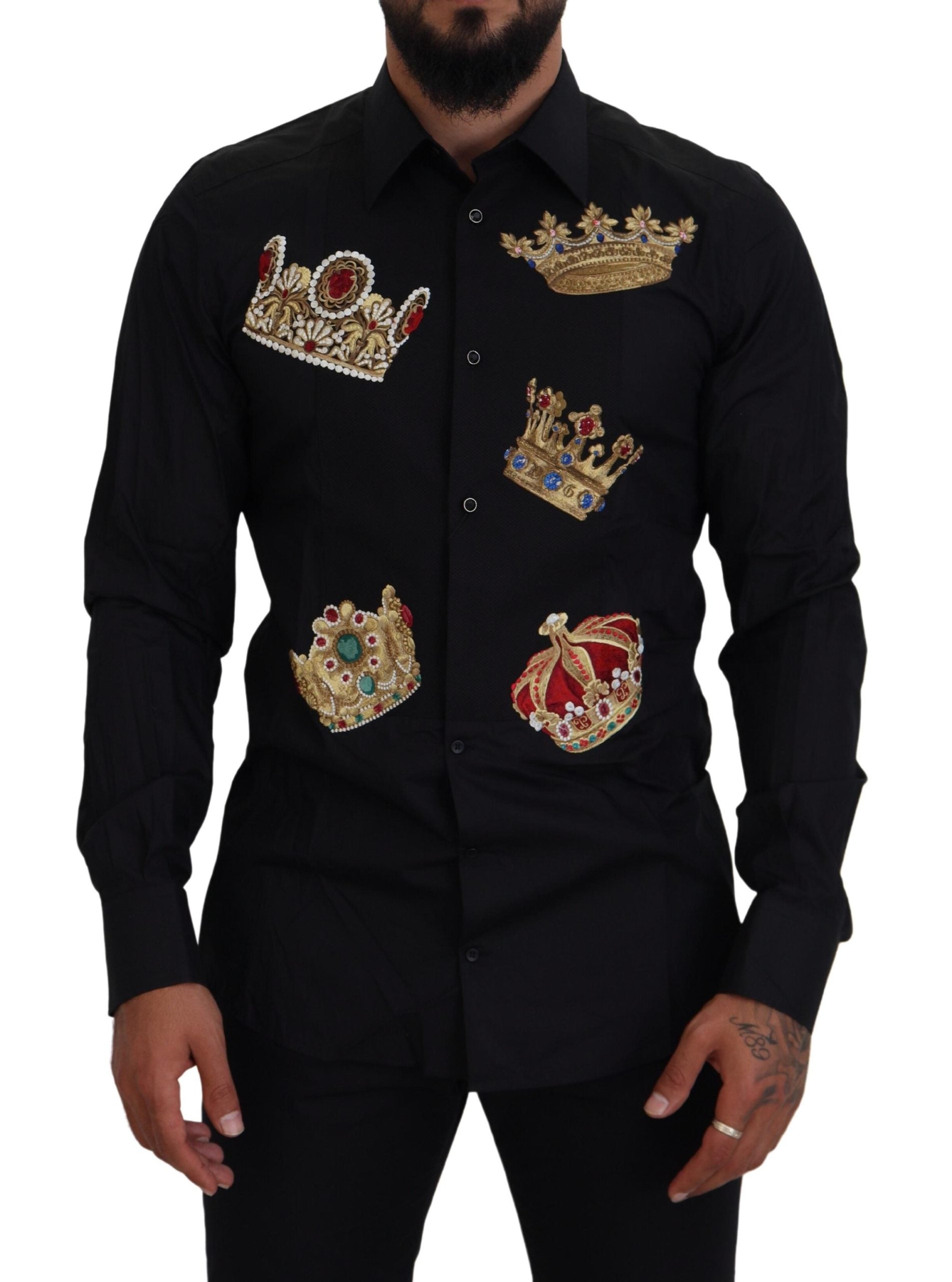 Camisa formal de vestir ajustada con corona negra y dorada de Dolce & Gabbana-1