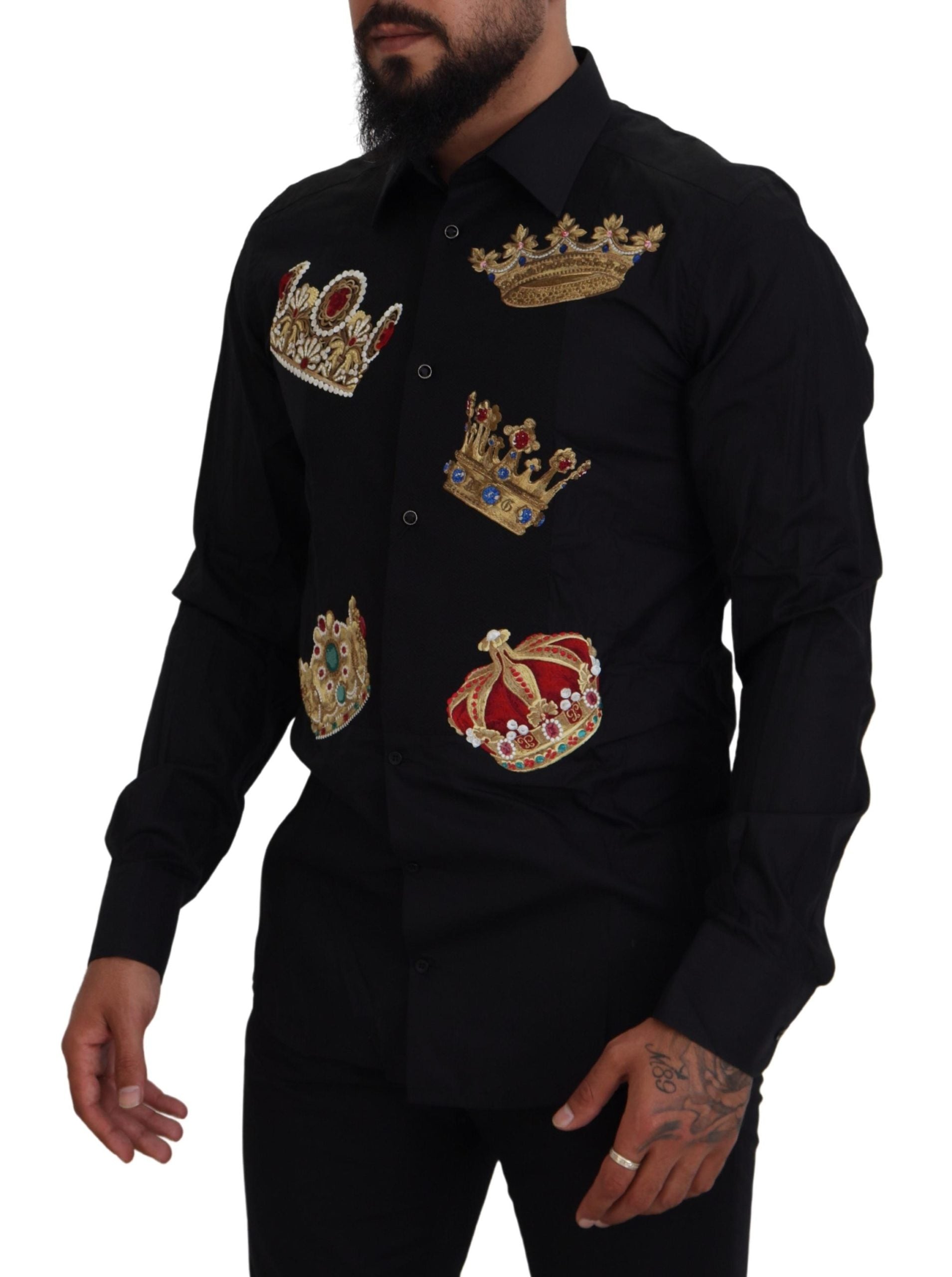 Camisa formal de vestir ajustada con corona negra y dorada de Dolce & Gabbana-4