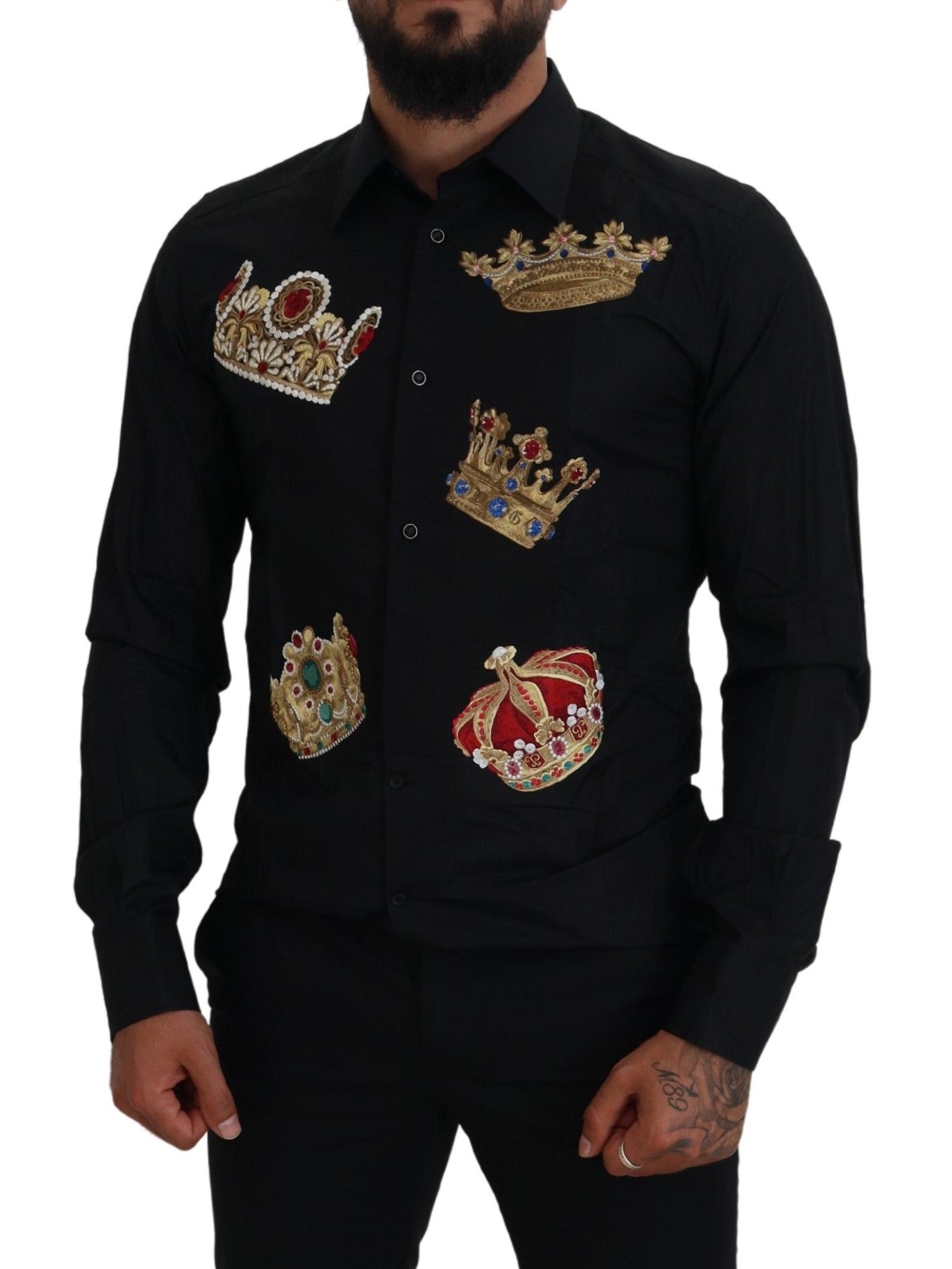 Camisa formal de vestir ajustada con corona negra y dorada de Dolce & Gabbana-5