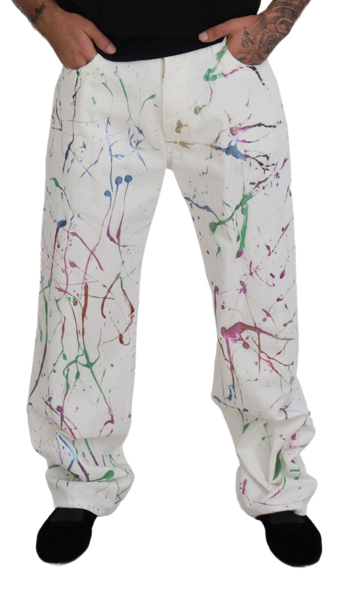 Dolce & Gabbana white denim trousers in cotton with paint splatter print-4