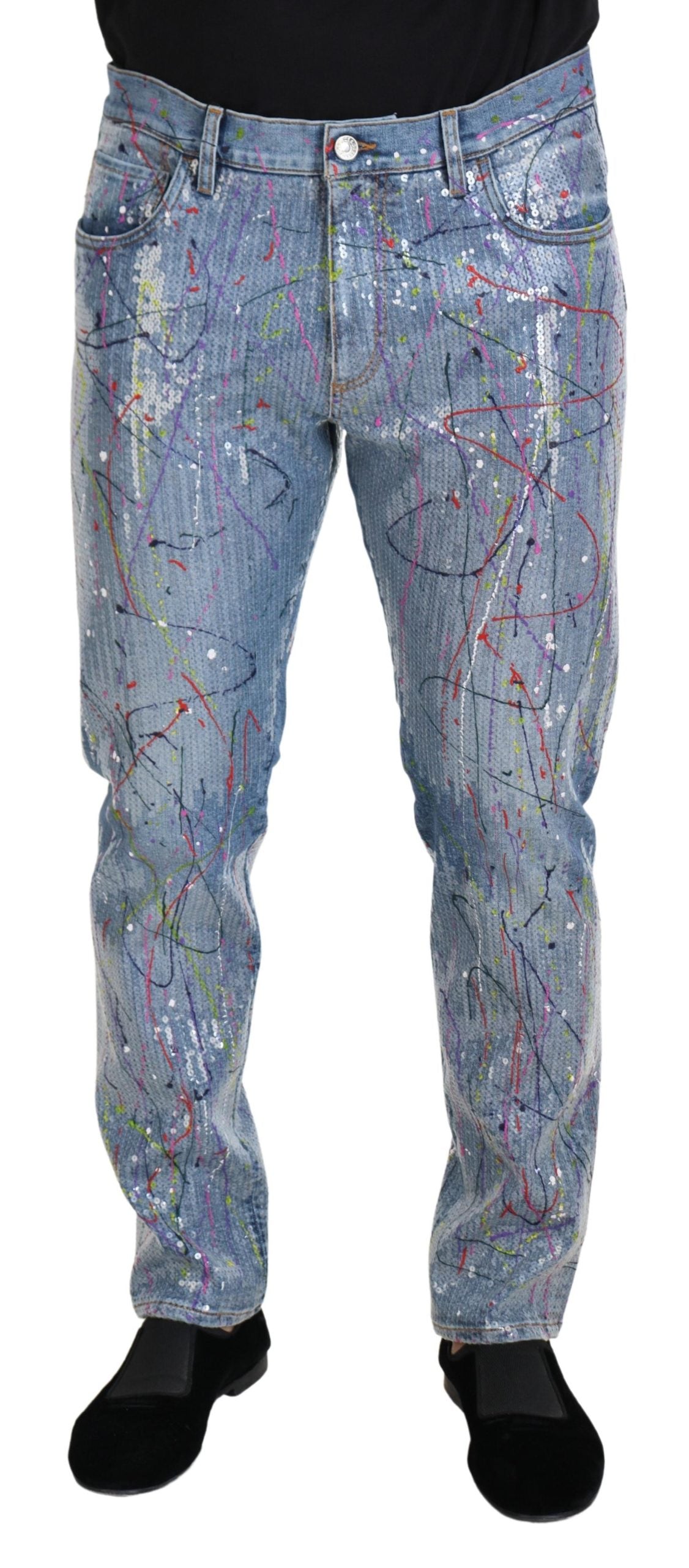 Dolce & Gabbana Blue Cotton Denim Jeans with Paint Splashes