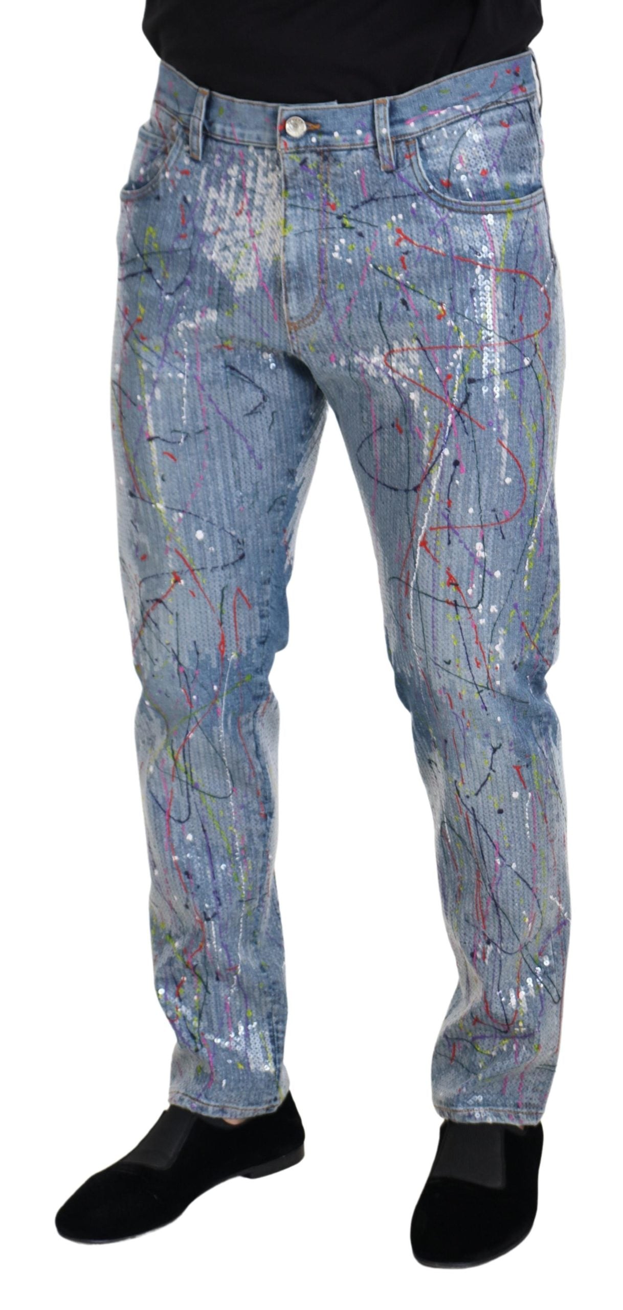 Dolce & Gabbana Blue Cotton Denim Jeans with Paint Splashes-2