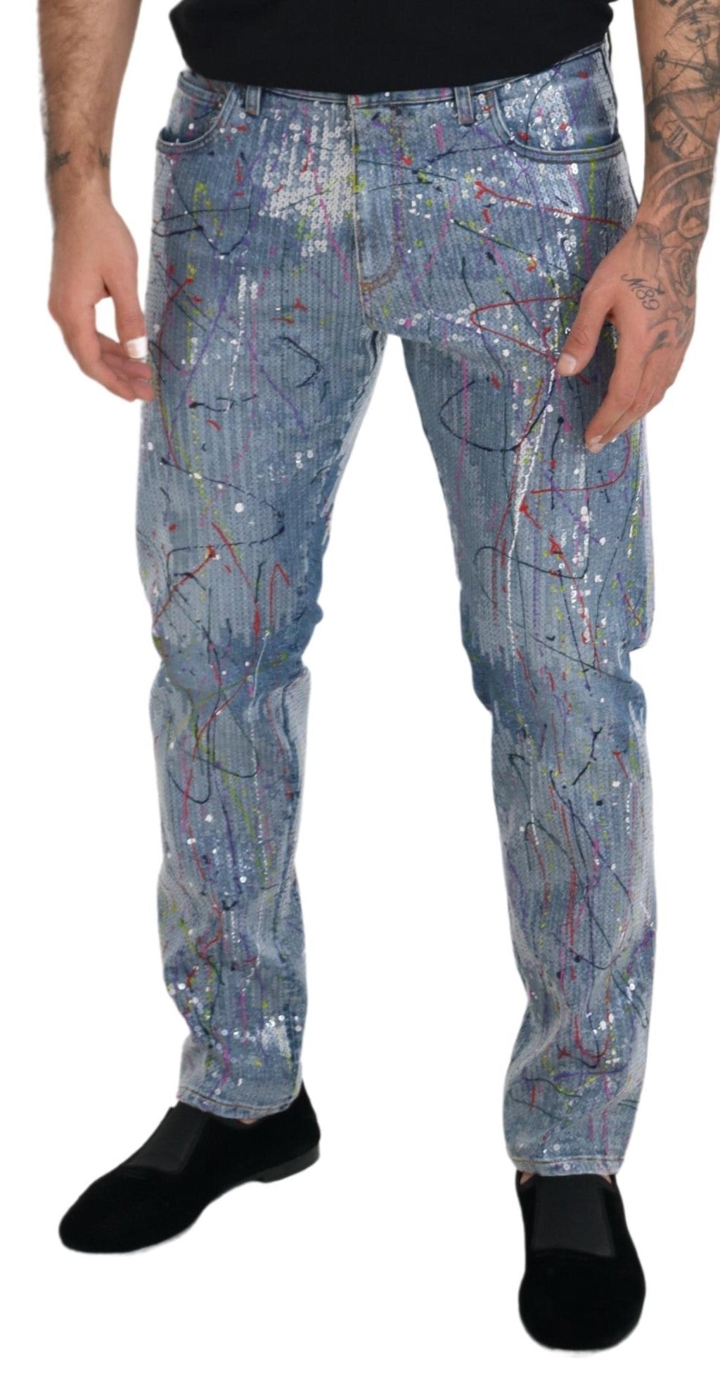 Dolce & Gabbana Blue Cotton Denim Jeans with Paint Splashes-4