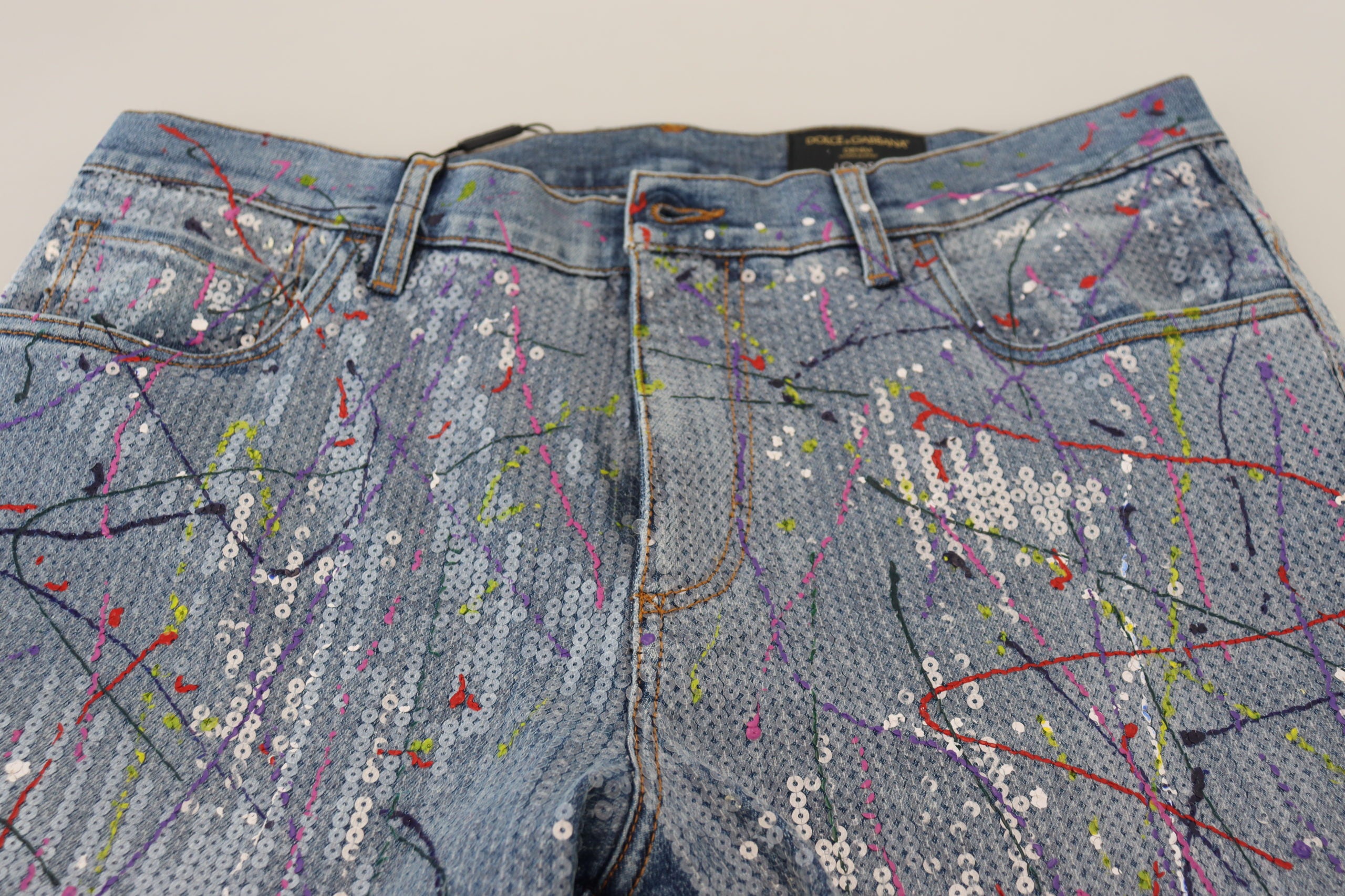 Dolce & Gabbana Blue Cotton Denim Jeans with Paint Splashes-5