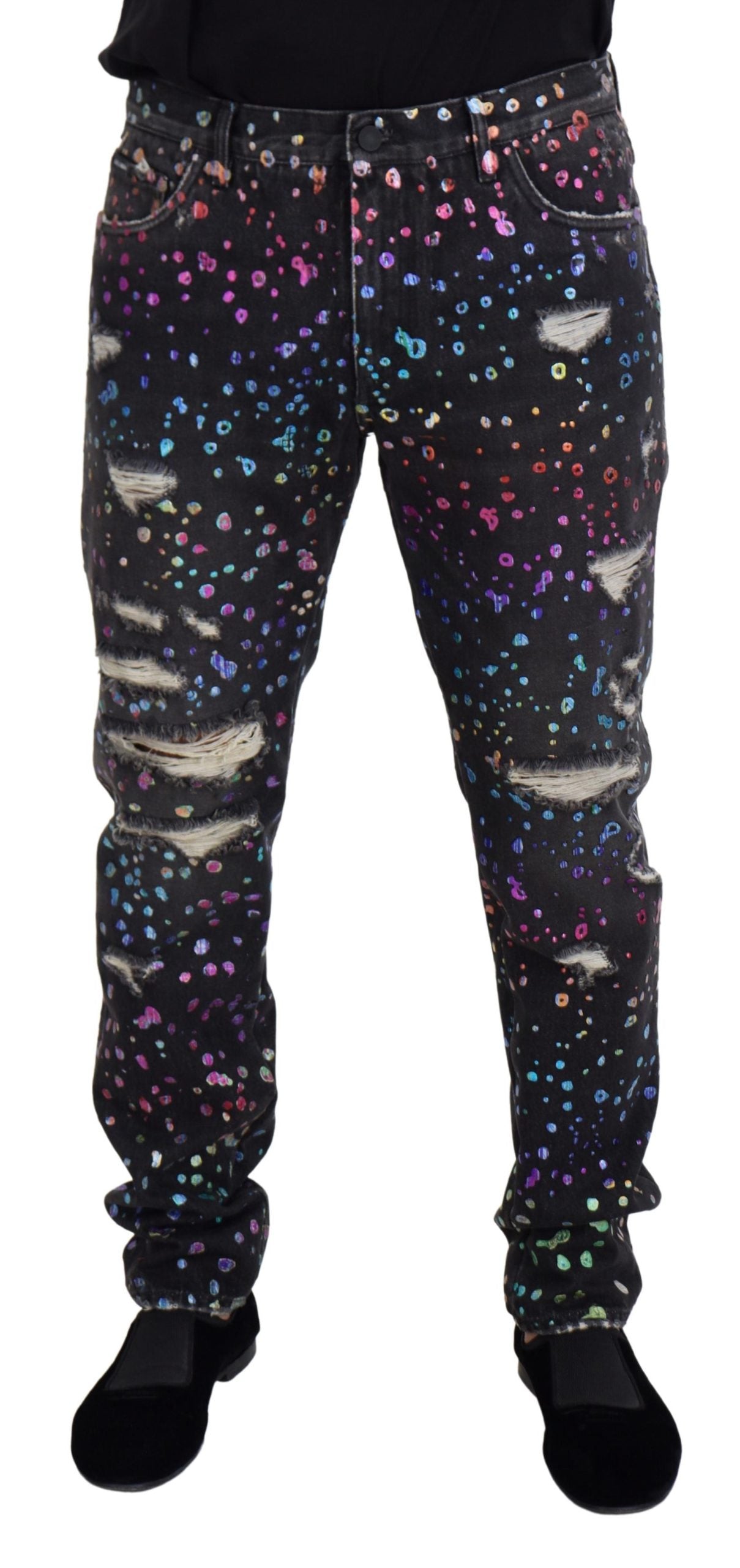 Dolce & Gabbana Black Multicolor Print Ripped Denim Jeans