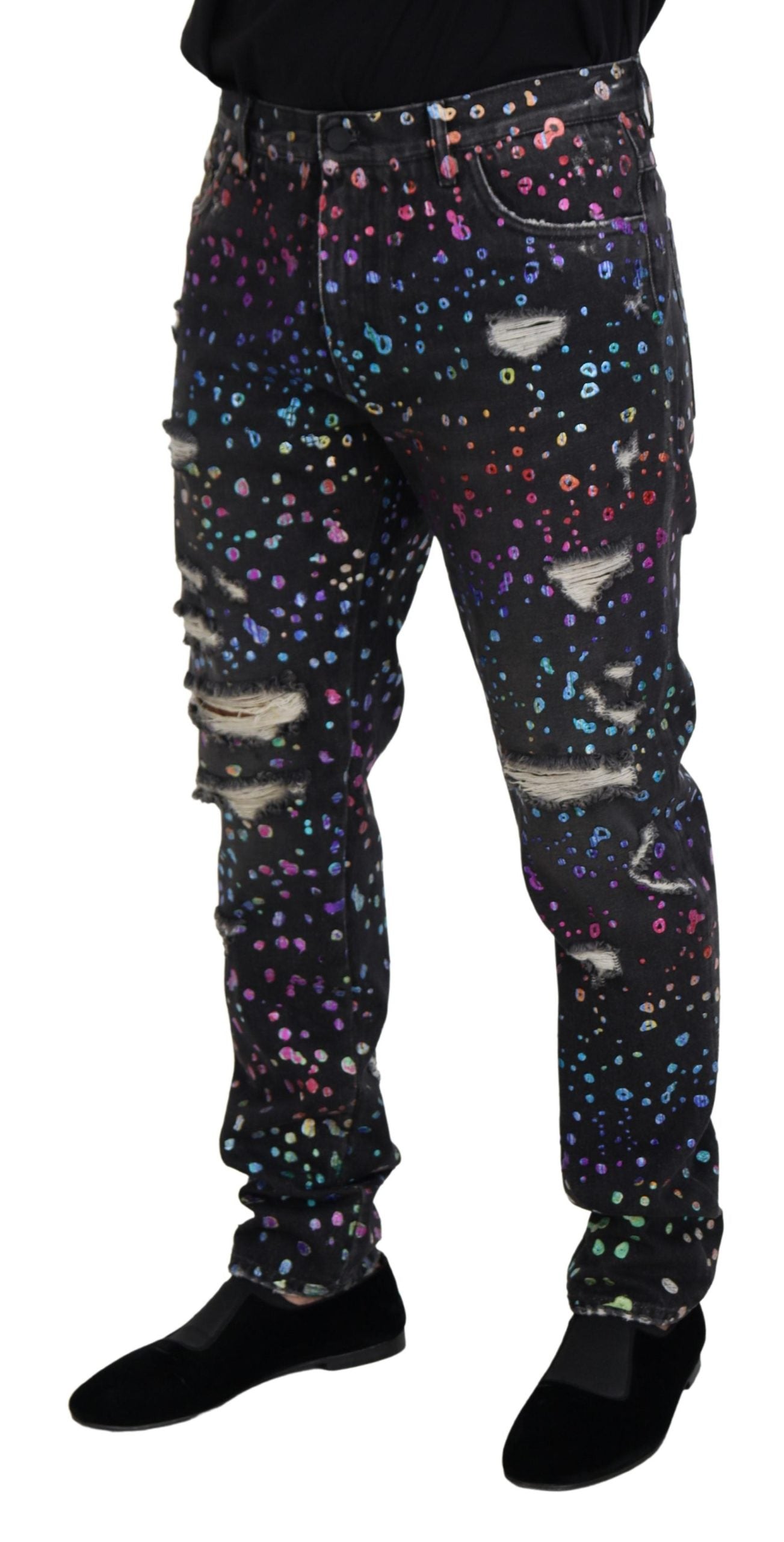 Dolce & Gabbana Black Multicolor Print Ripped Denim Jeans-2