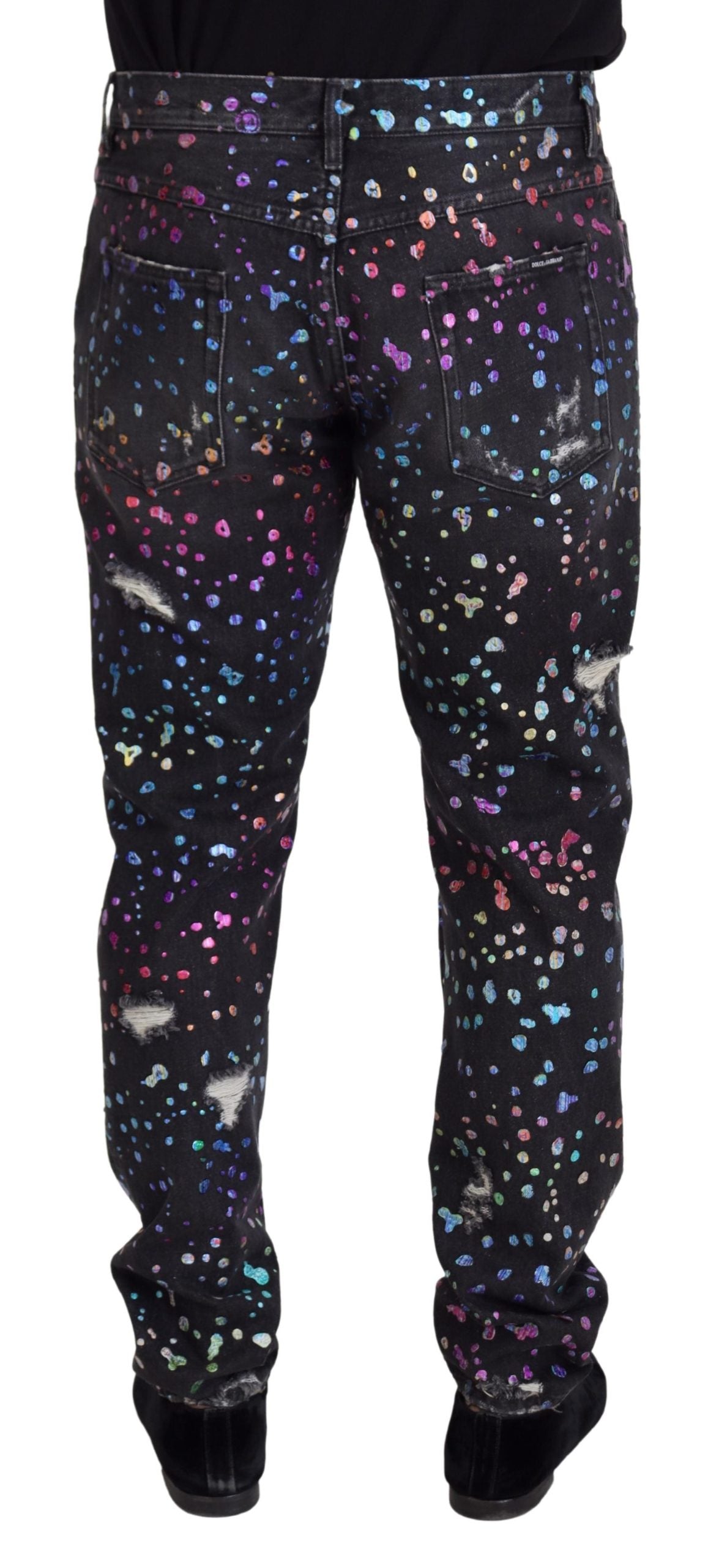 Dolce & Gabbana Black Multicolor Print Ripped Denim Jeans-3