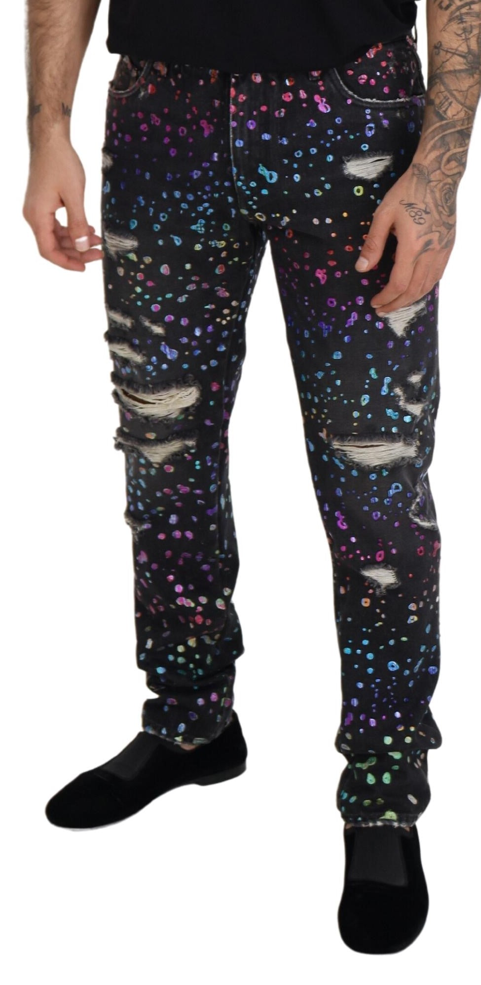 Dolce & Gabbana Black Multicolor Print Ripped Denim Jeans-4