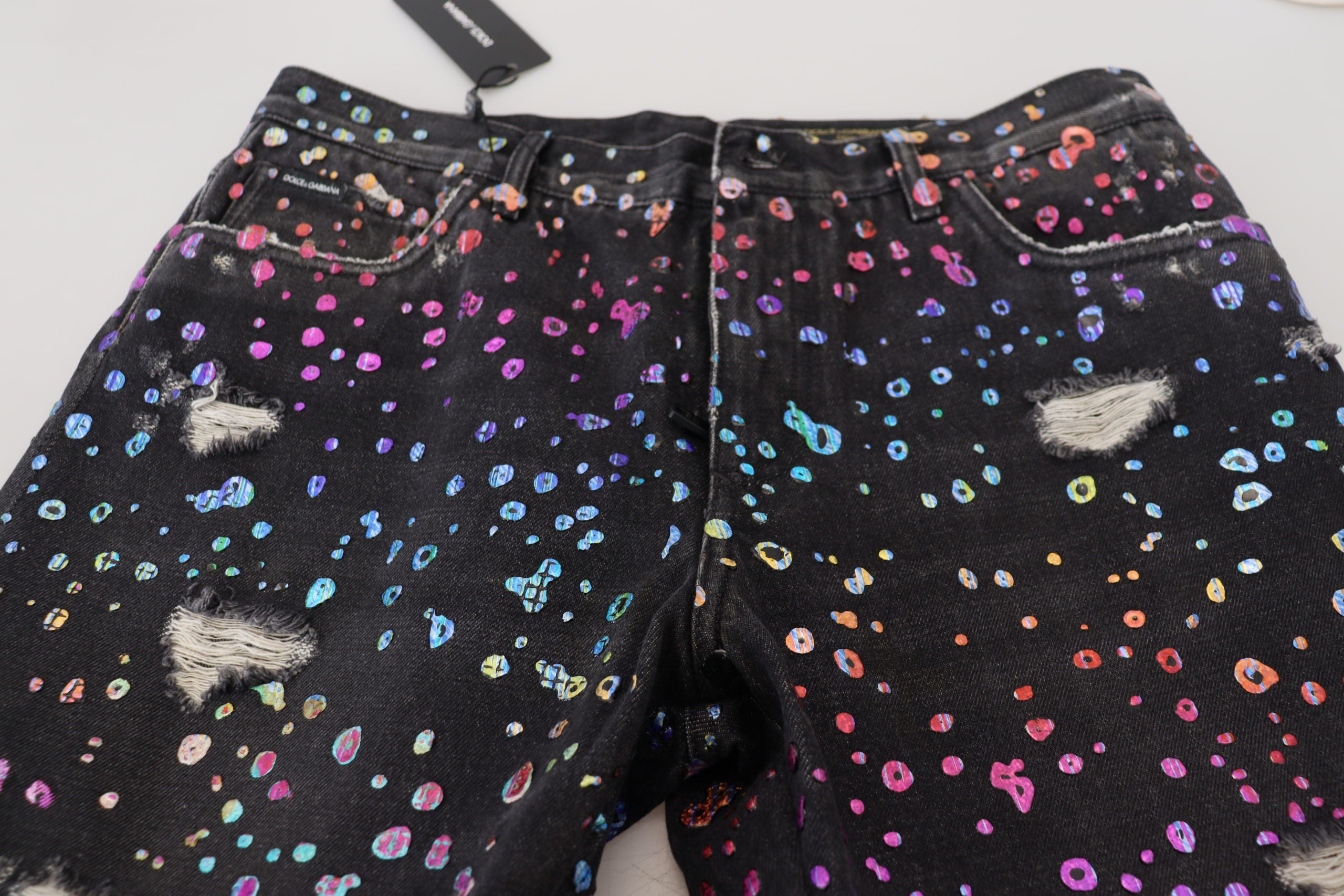 Dolce & Gabbana Black Multicolor Print Ripped Denim Jeans-5