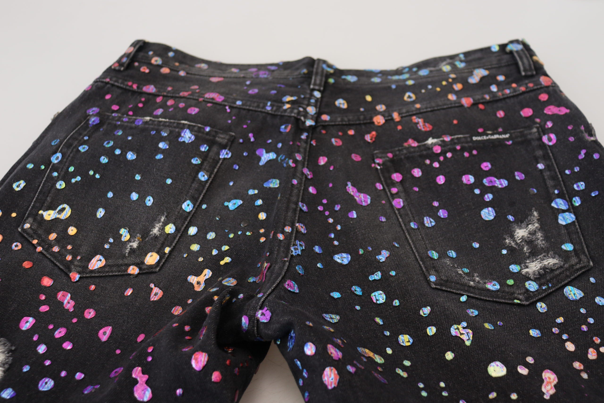 Dolce & Gabbana Black Multicolor Print Ripped Denim Jeans-7