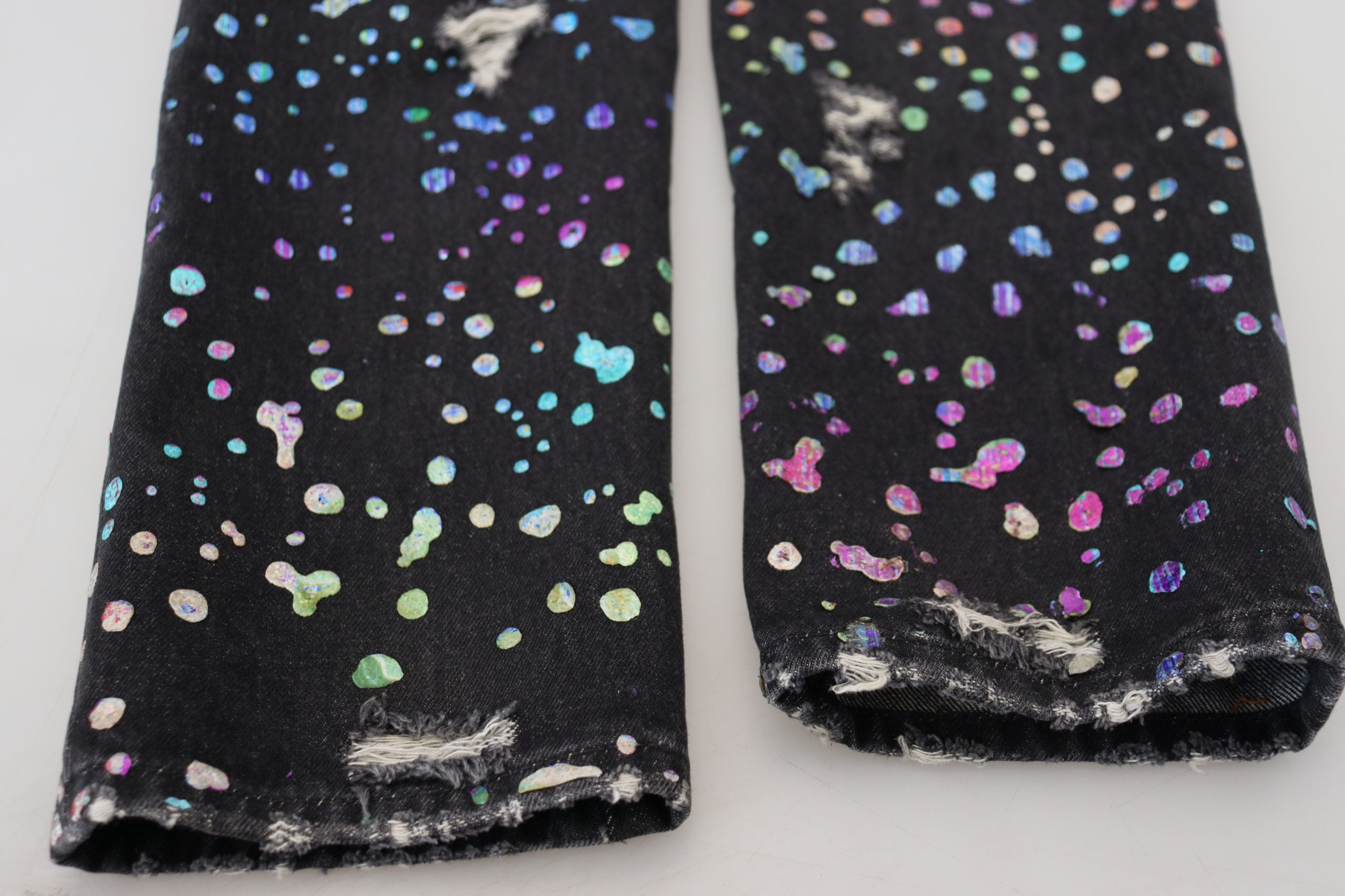 Dolce & Gabbana Black Multicolor Print Ripped Denim Jeans-8