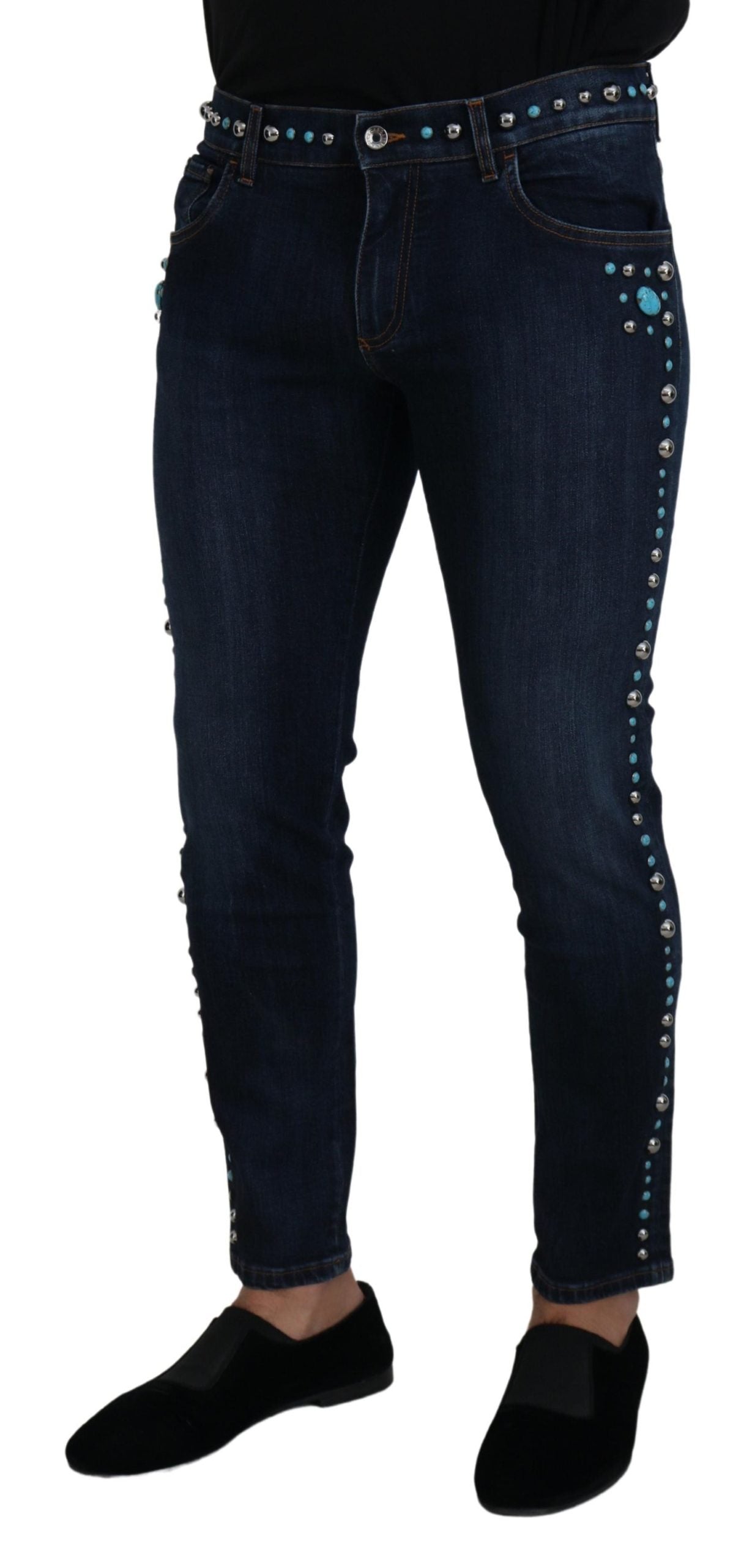 Dolce & Gabbana Blue Cotton Studded Low Waist Denim Jeans-2