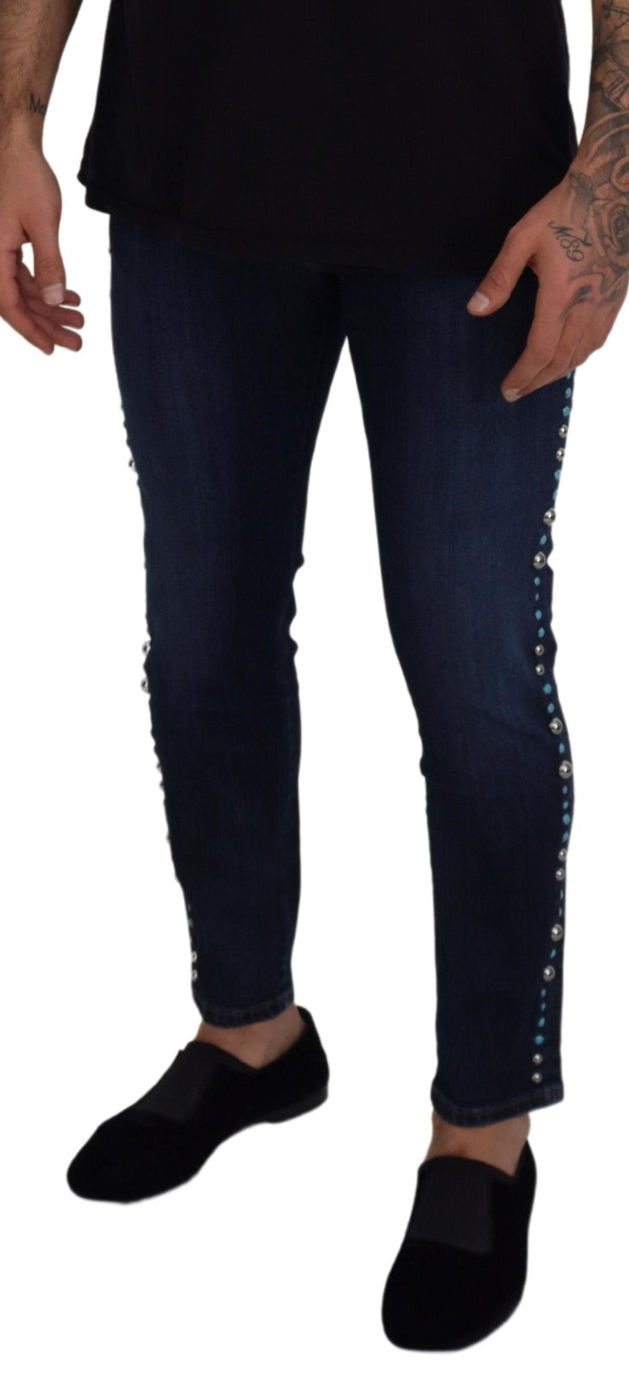 Dolce & Gabbana Blue Cotton Studded Low Waist Denim Jeans-4