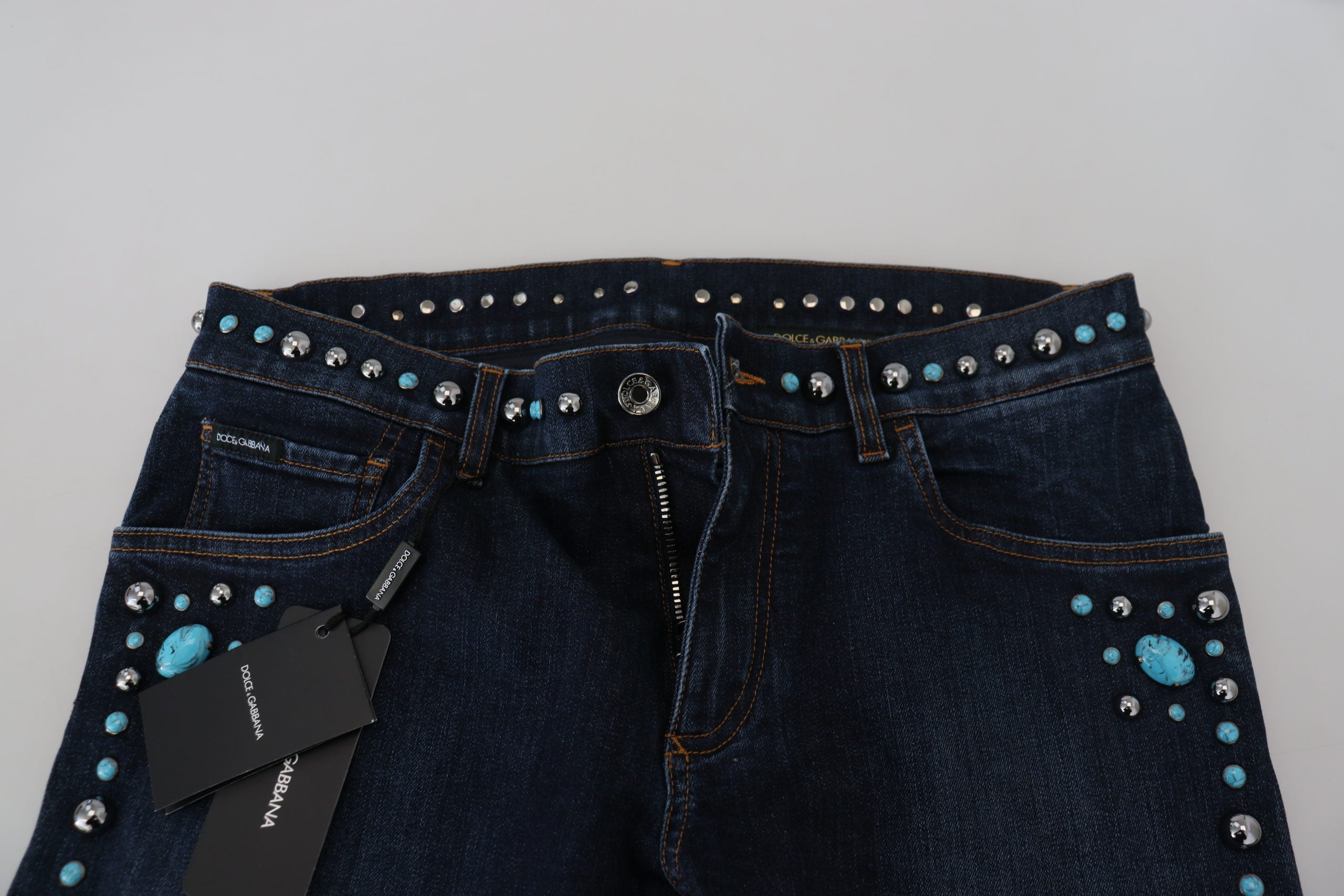 Dolce & Gabbana Blue Cotton Studded Low Waist Denim Jeans-5