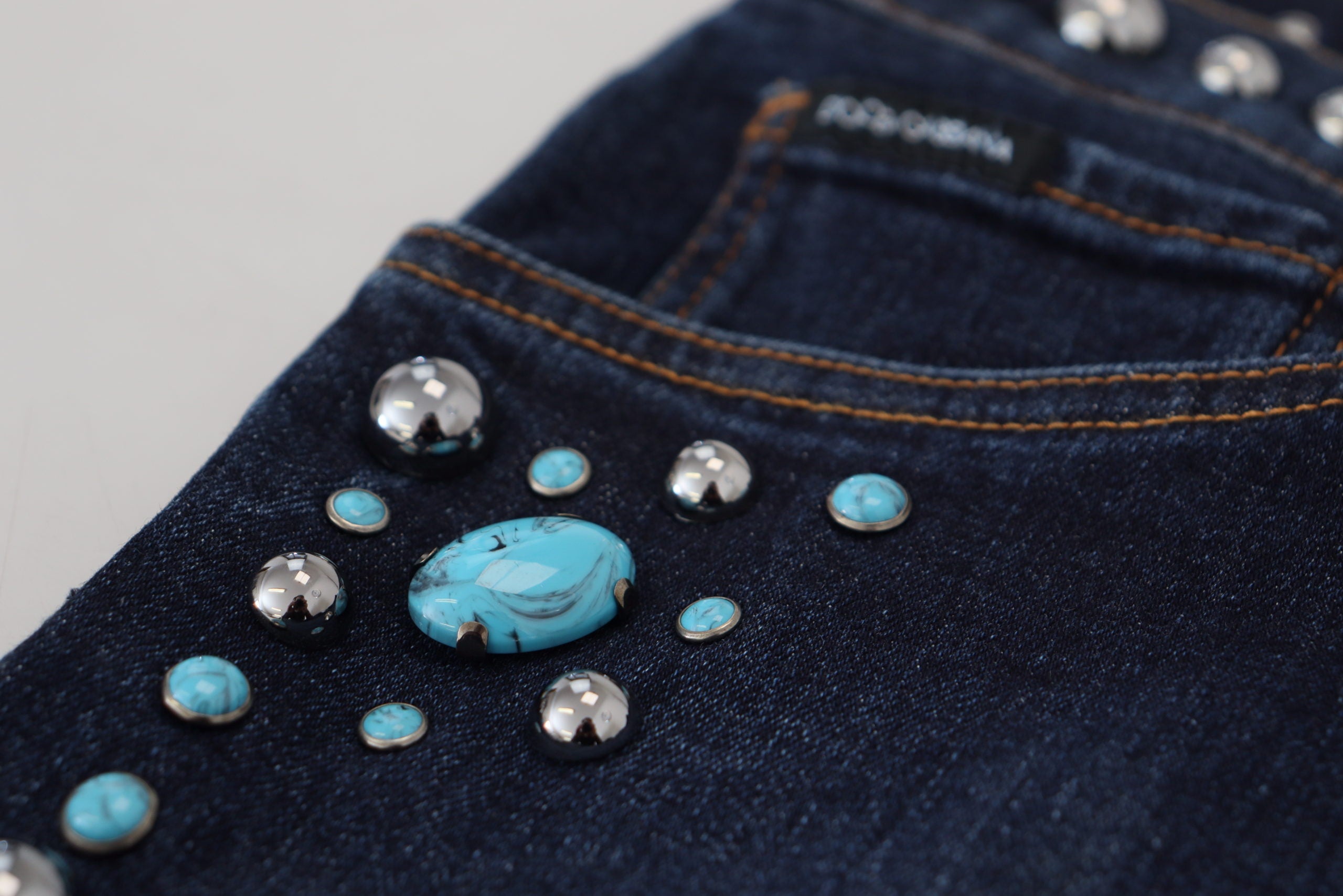 Dolce & Gabbana Blue Cotton Studded Low Waist Denim Jeans-7
