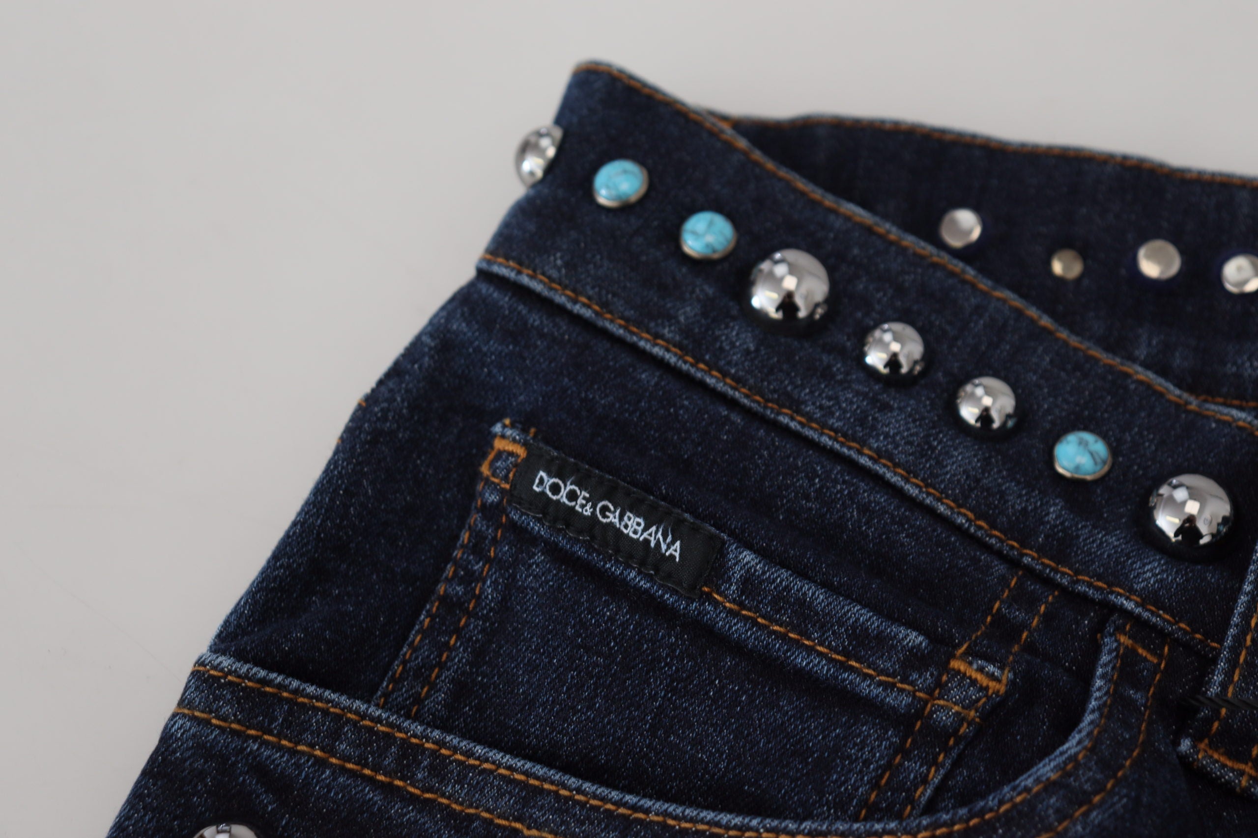 Dolce & Gabbana Blue Cotton Studded Low Waist Denim Jeans-8