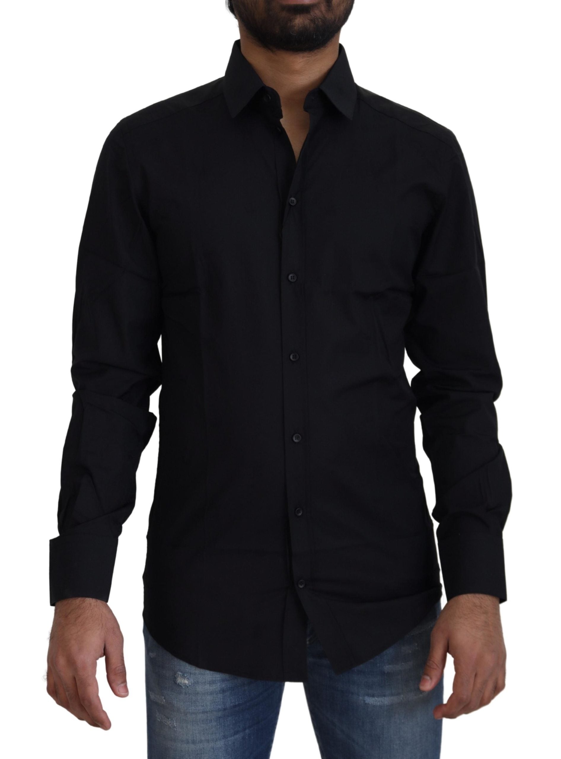 Dolce & Gabbana Black Cotton Shirt Slim Fit Formal Dress GOLD-1