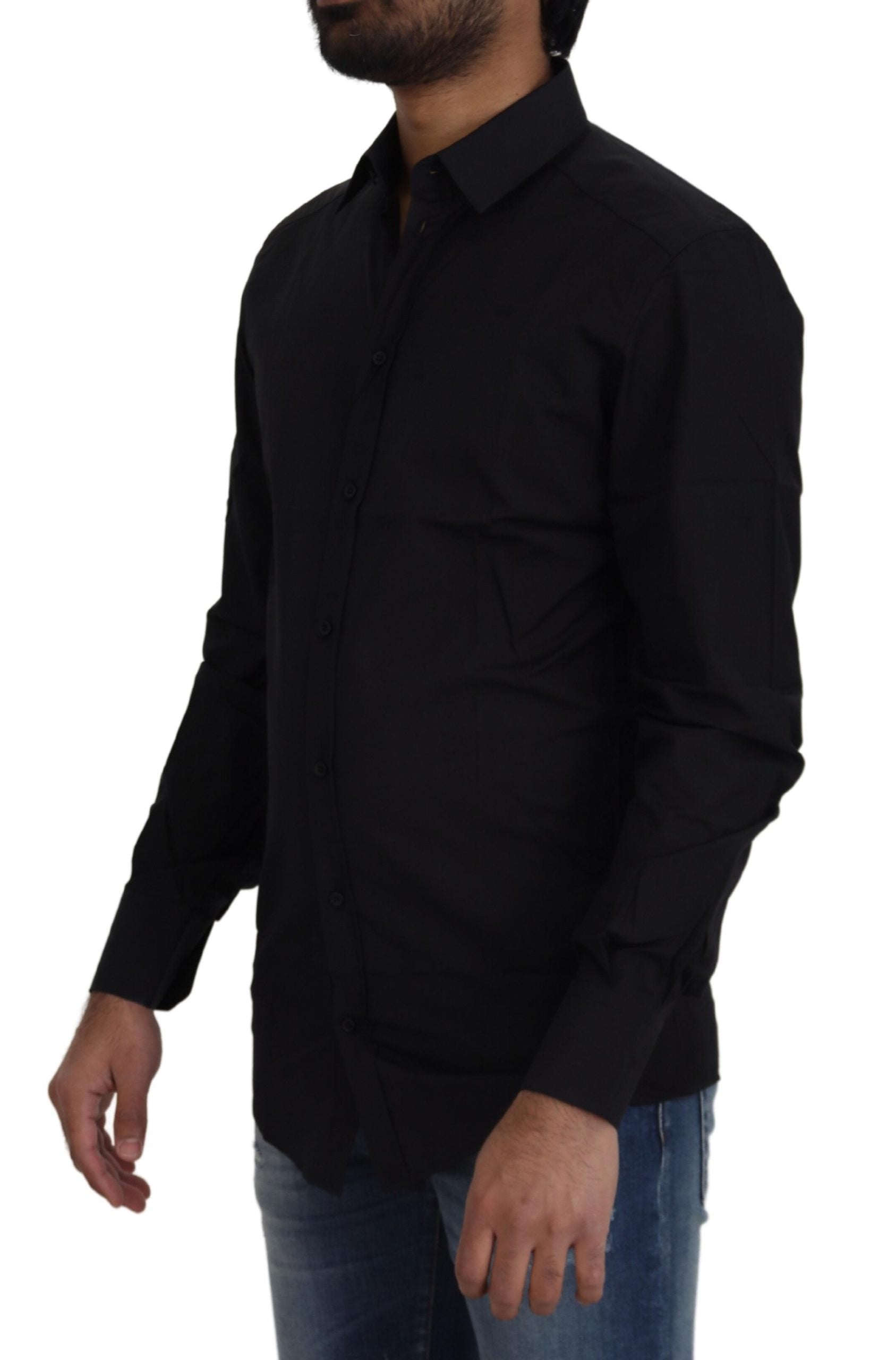 Dolce & Gabbana Black Cotton Shirt Slim Fit Formal Dress GOLD-2