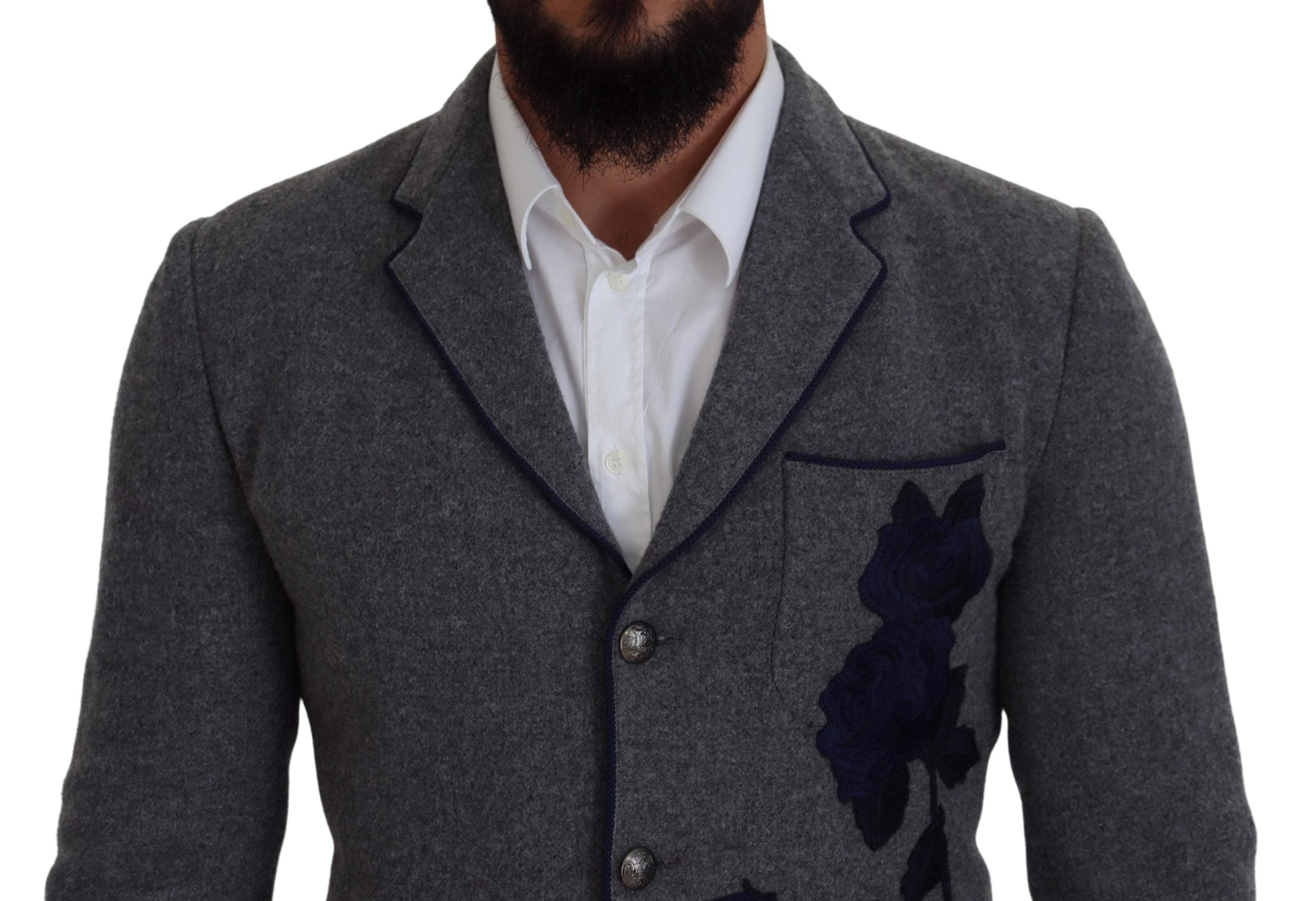 Dolce & Gabbana Graue Wolle Rosen Slim Fit Jacke Blazer-3