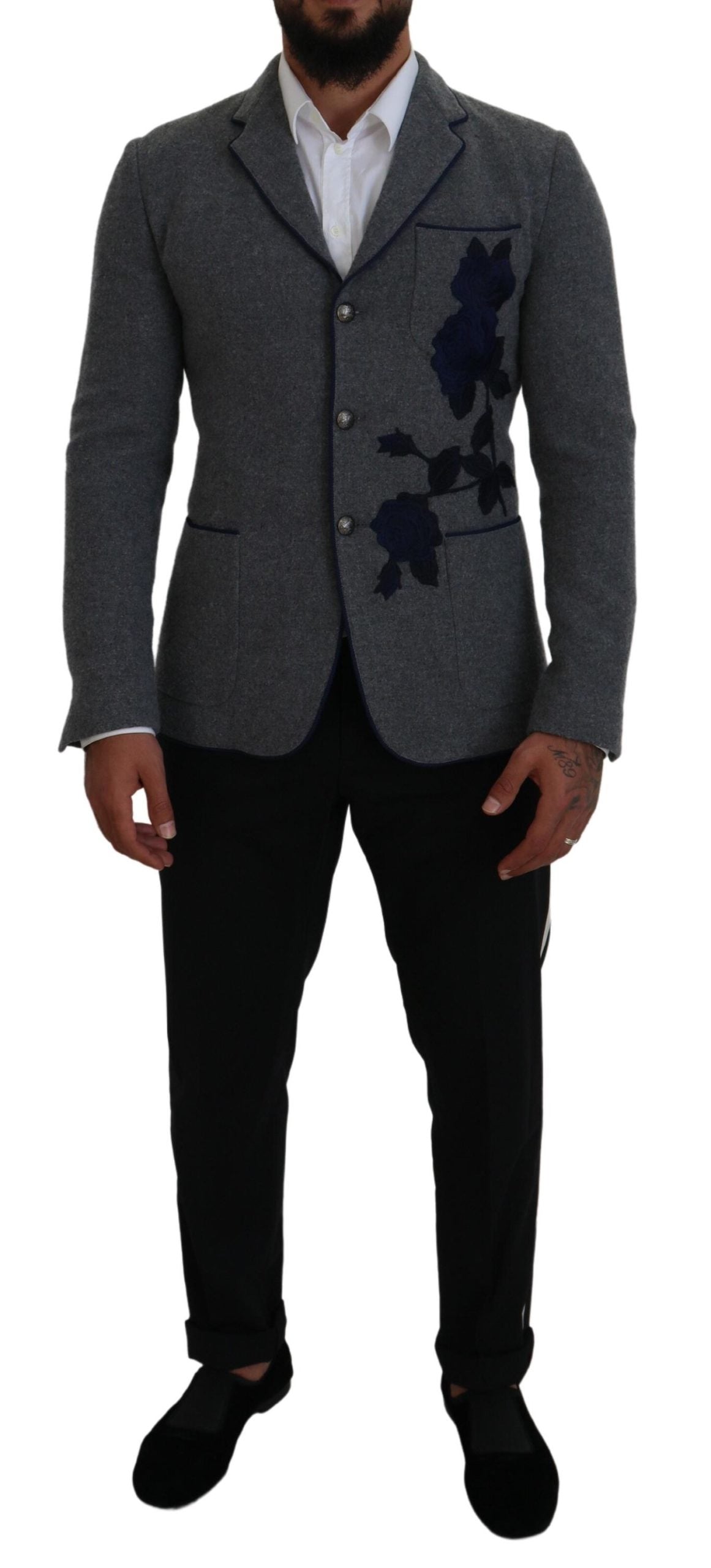 Dolce & Gabbana Graue Wolle Rosen Slim Fit Jacke Blazer-1