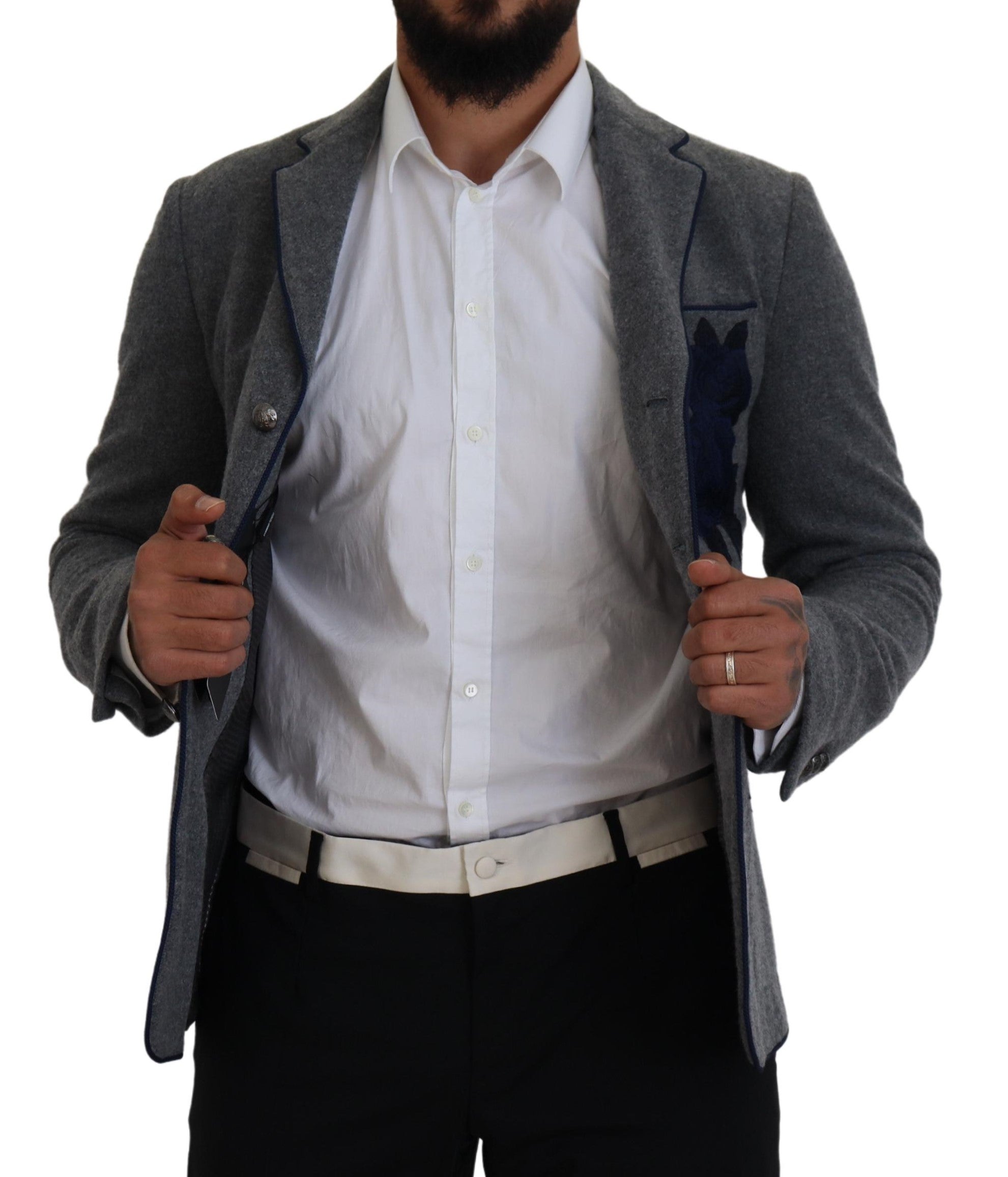 Dolce & Gabbana Graue Wolle Rosen Slim Fit Jacke Blazer-4