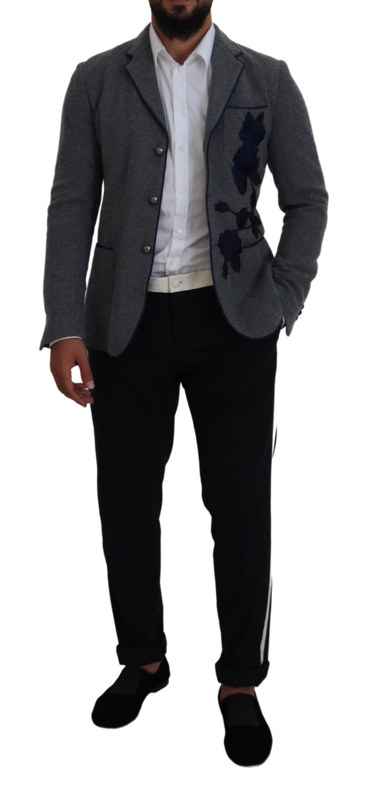 Dolce & Gabbana Graue Wolle Rosen Slim Fit Jacke Blazer-5