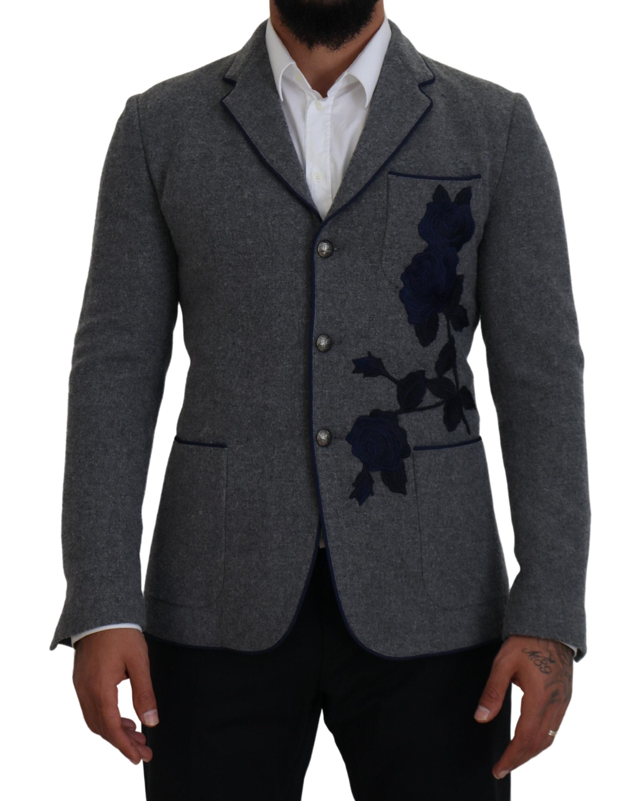 Dolce & Gabbana Graue Wolle Rosen Slim Fit Jacke Blazer-6