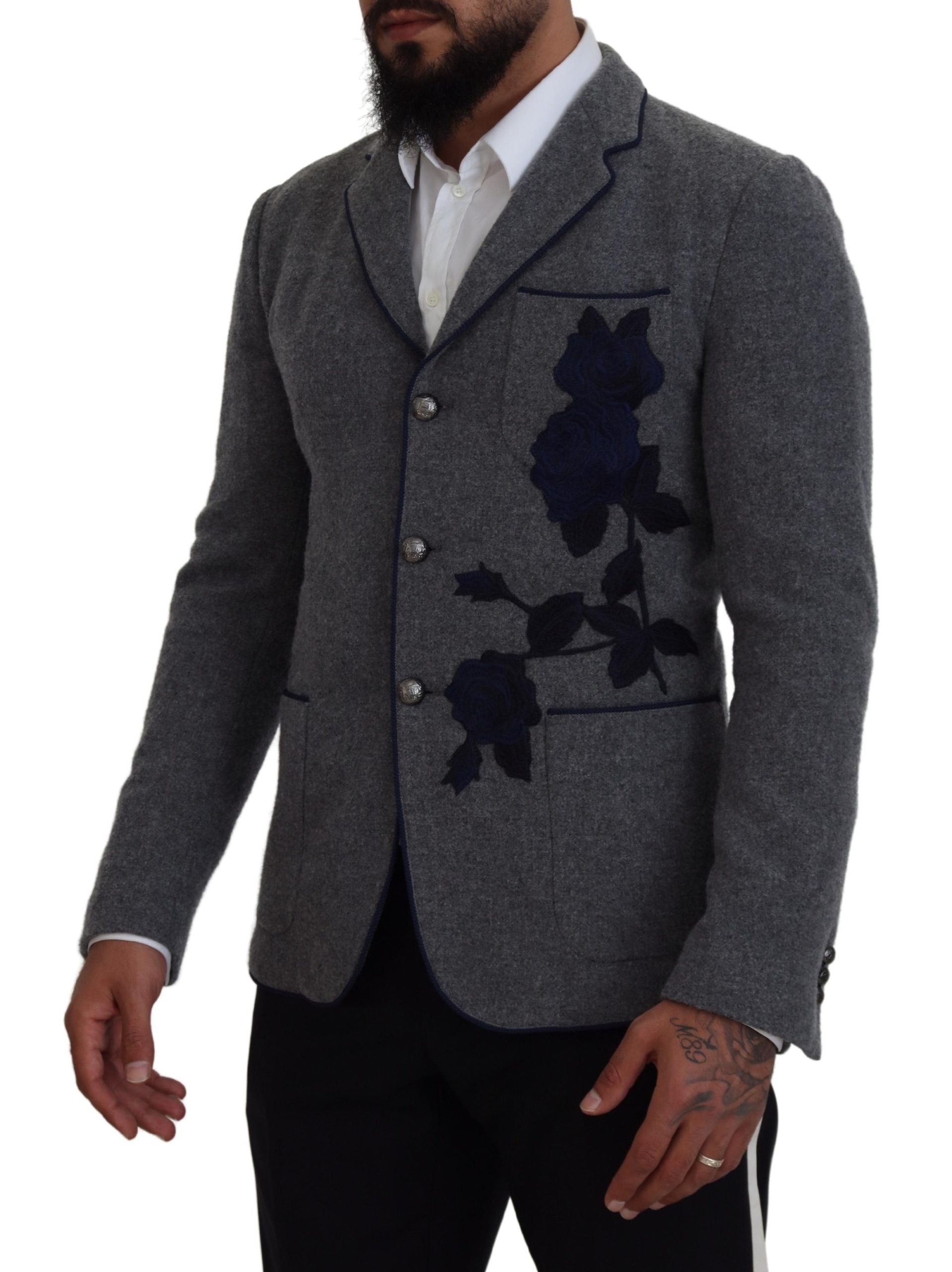 Dolce & Gabbana Graue Wolle Rosen Slim Fit Jacke Blazer-7