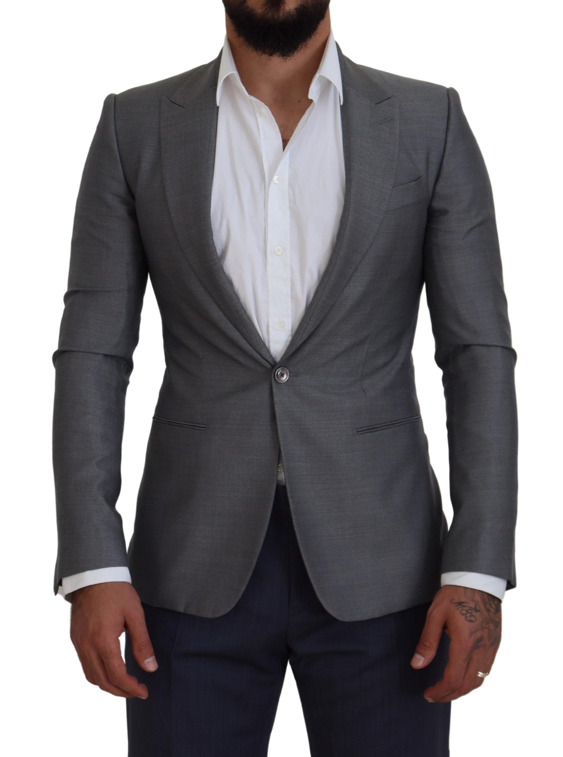 Dolce & Gabbana Grey Wool Silk Slim Fit Jacket Blazer-1