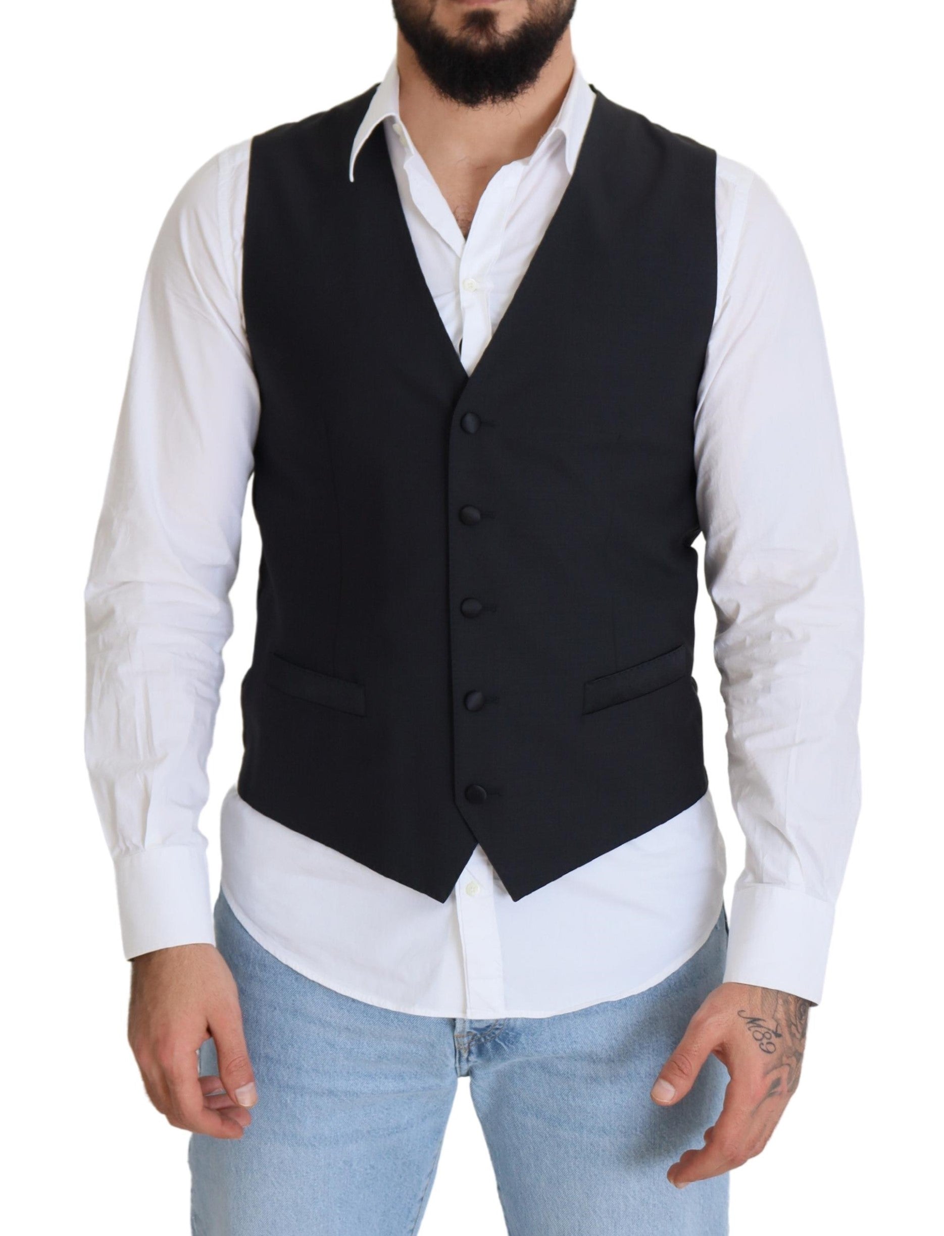 Dolce & Gabbana Black Stretch Wool Vest Formal Vest-1