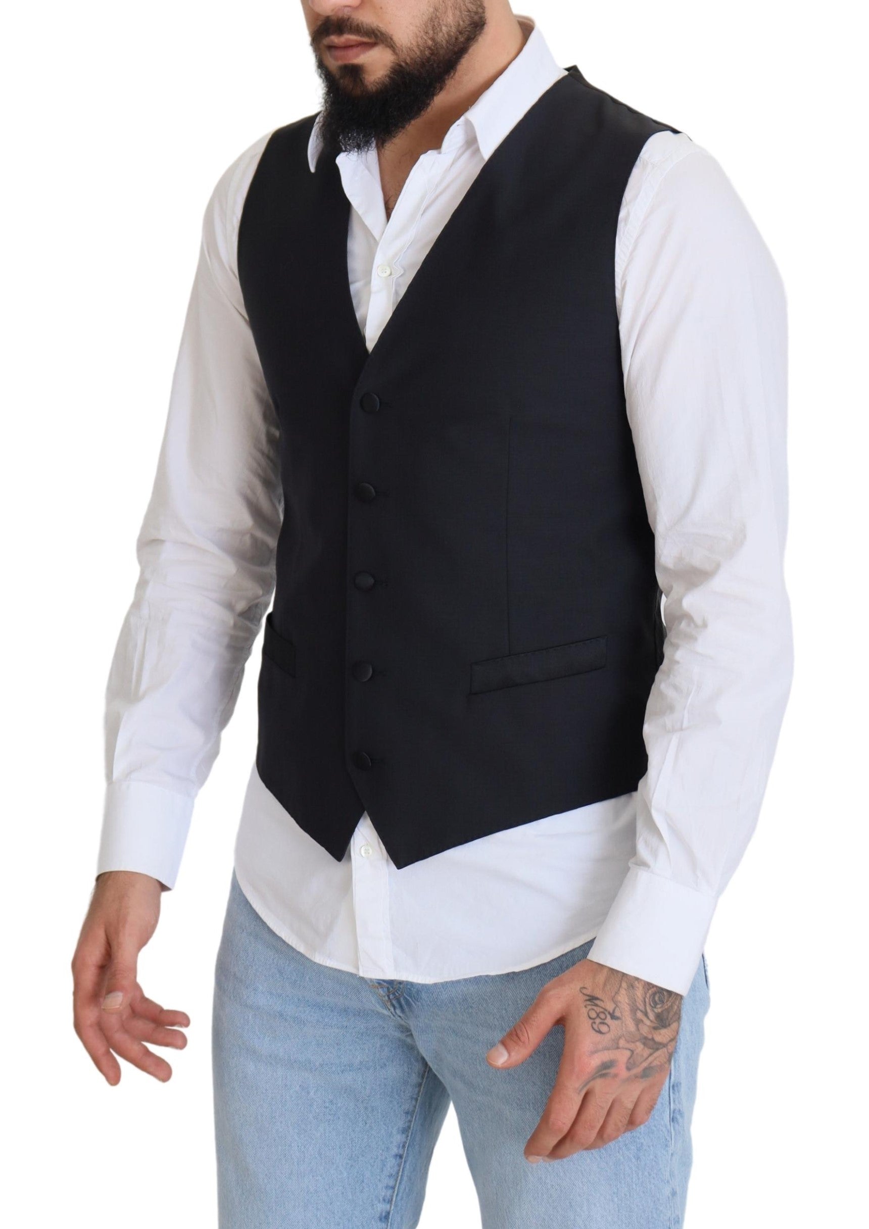 Dolce & Gabbana Black Stretch Wool Vest Formal Vest-2