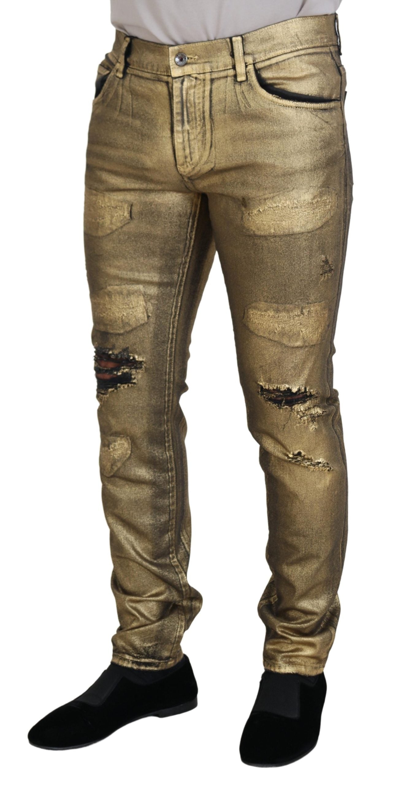 Dolce & Gabbana Gold Cotton Tattered Skinny Men Denim Jeans-2