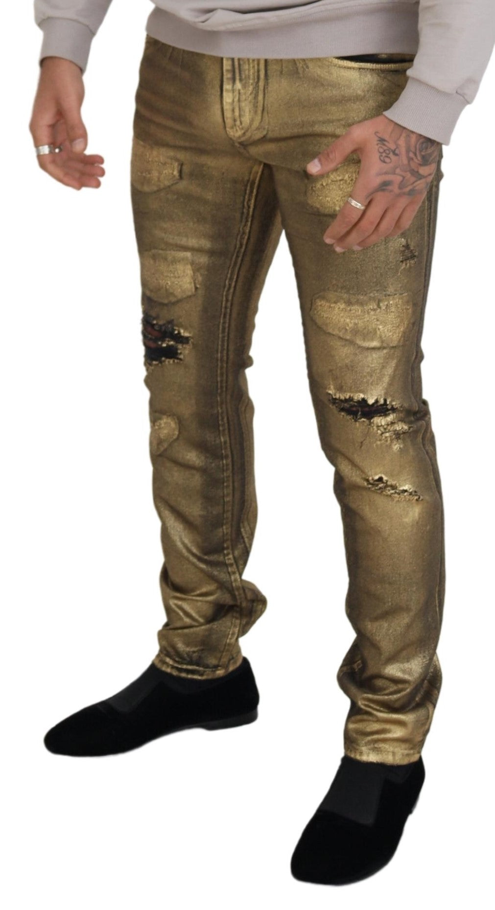 Dolce & Gabbana Gold Cotton Tattered Skinny Men Denim Jeans-4