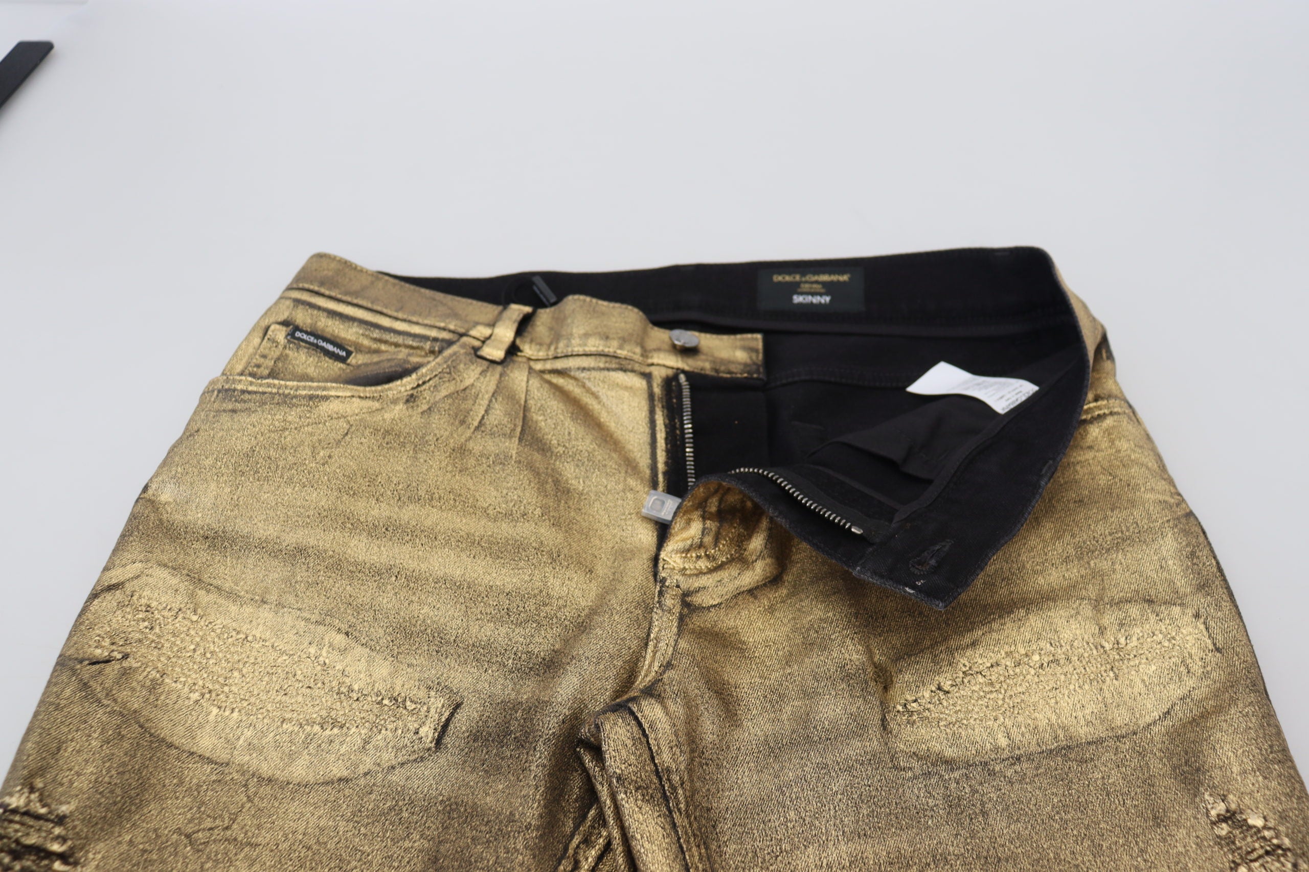 Dolce & Gabbana Gold Cotton Tattered Skinny Men Denim Jeans-5