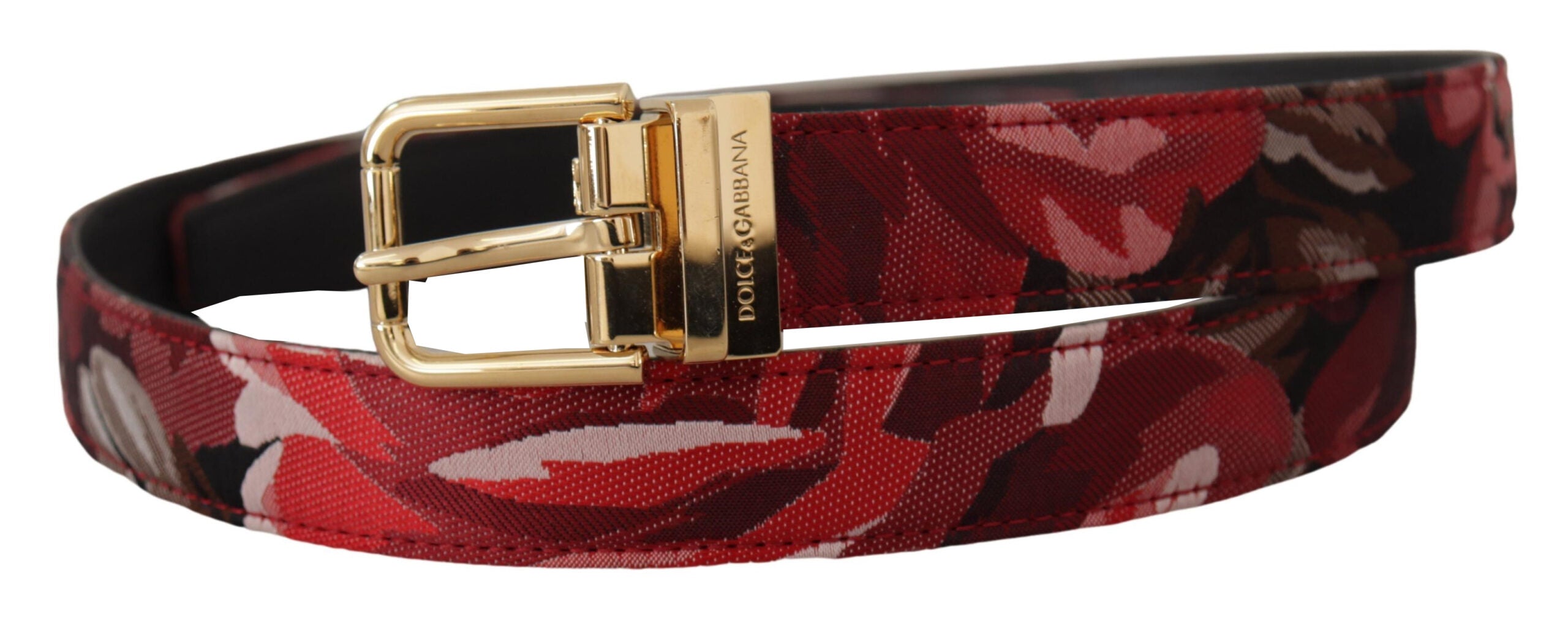 Dolce & Gabbana Roter Jacquard-Rosenledergürtel mit goldener Metallschnalle-2