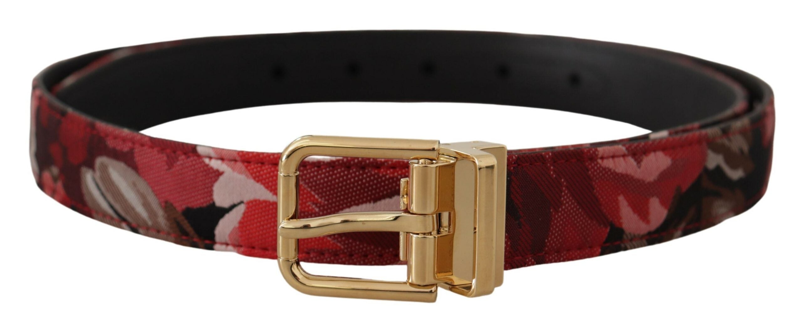 Dolce & Gabbana Roter Jacquard-Rosenledergürtel mit goldener Metallschnalle-3