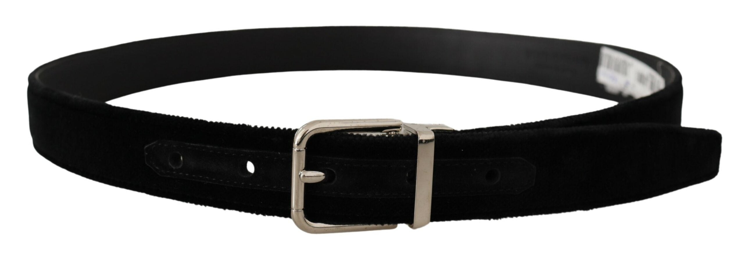 Dolce & Gabbana Black Velvet Silver Tone Metal Logo Buckle Belt-3