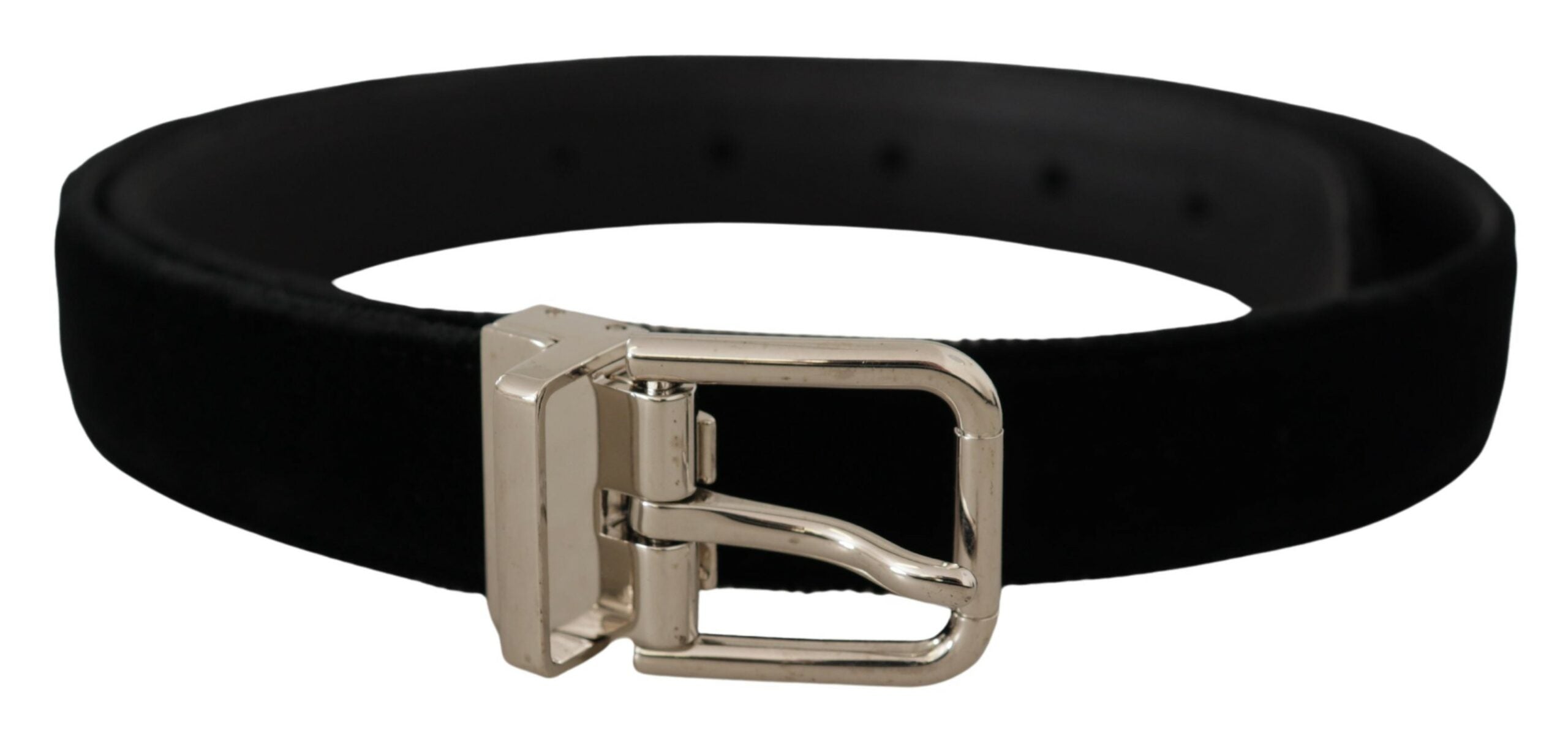 Dolce & Gabbana Black Velvet Silver Tone Metal Logo Buckle Belt-1