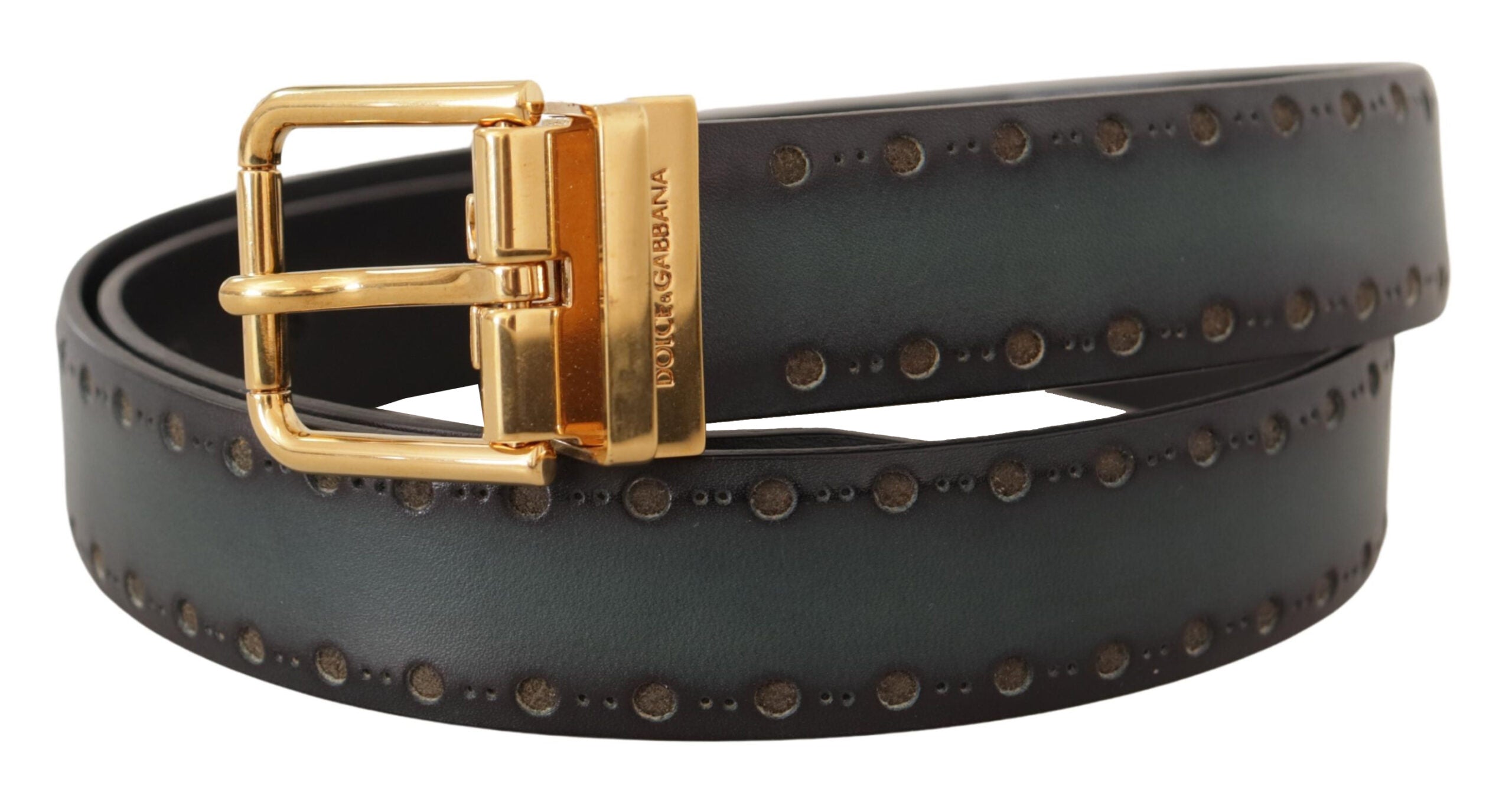 Dolce & Gabbana Green Perforated Leather Belt in Brass and Metal-2