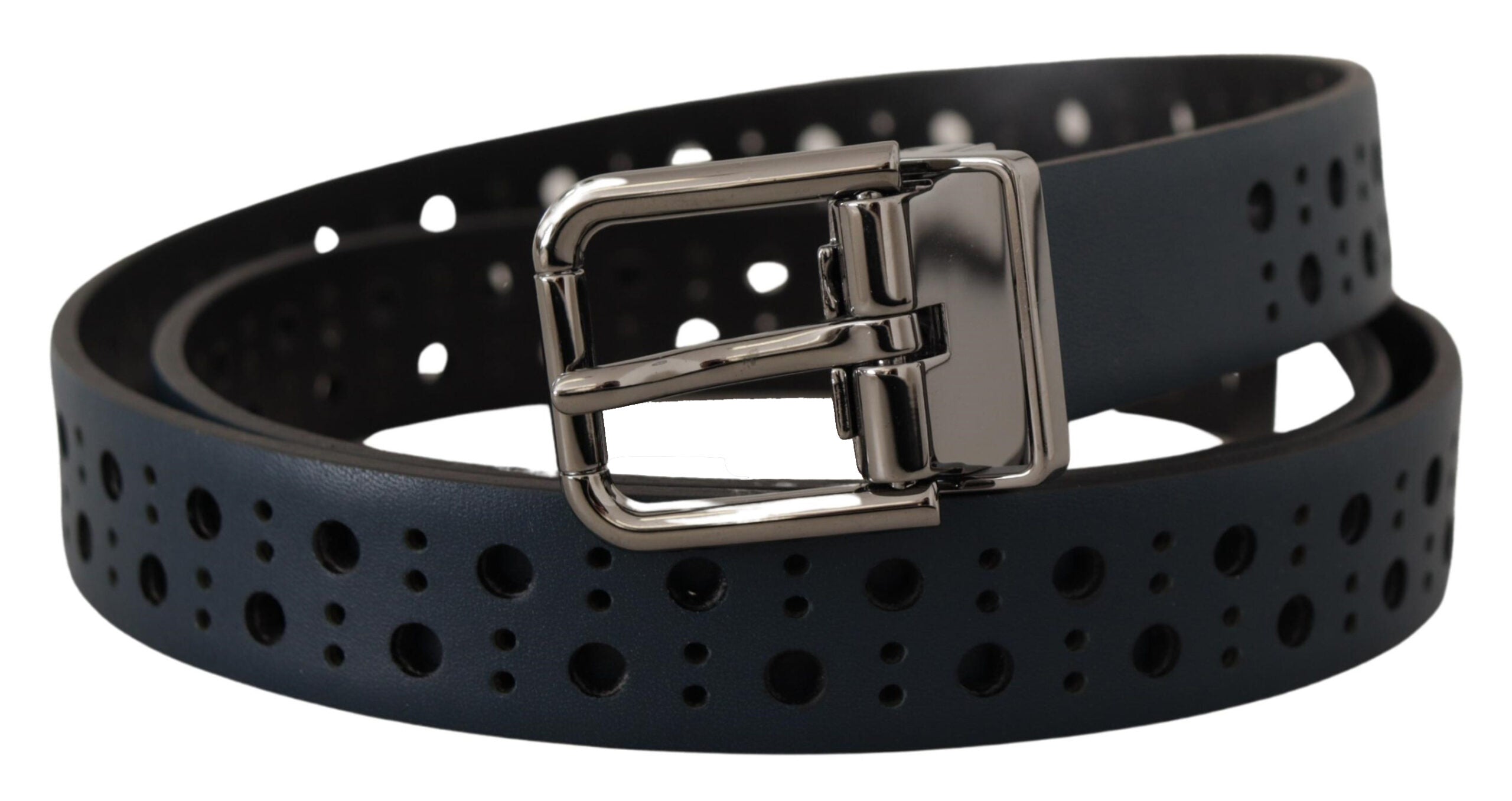 Dolce & Gabbana navy blue perforated leather belt with narrow metal buckle-2