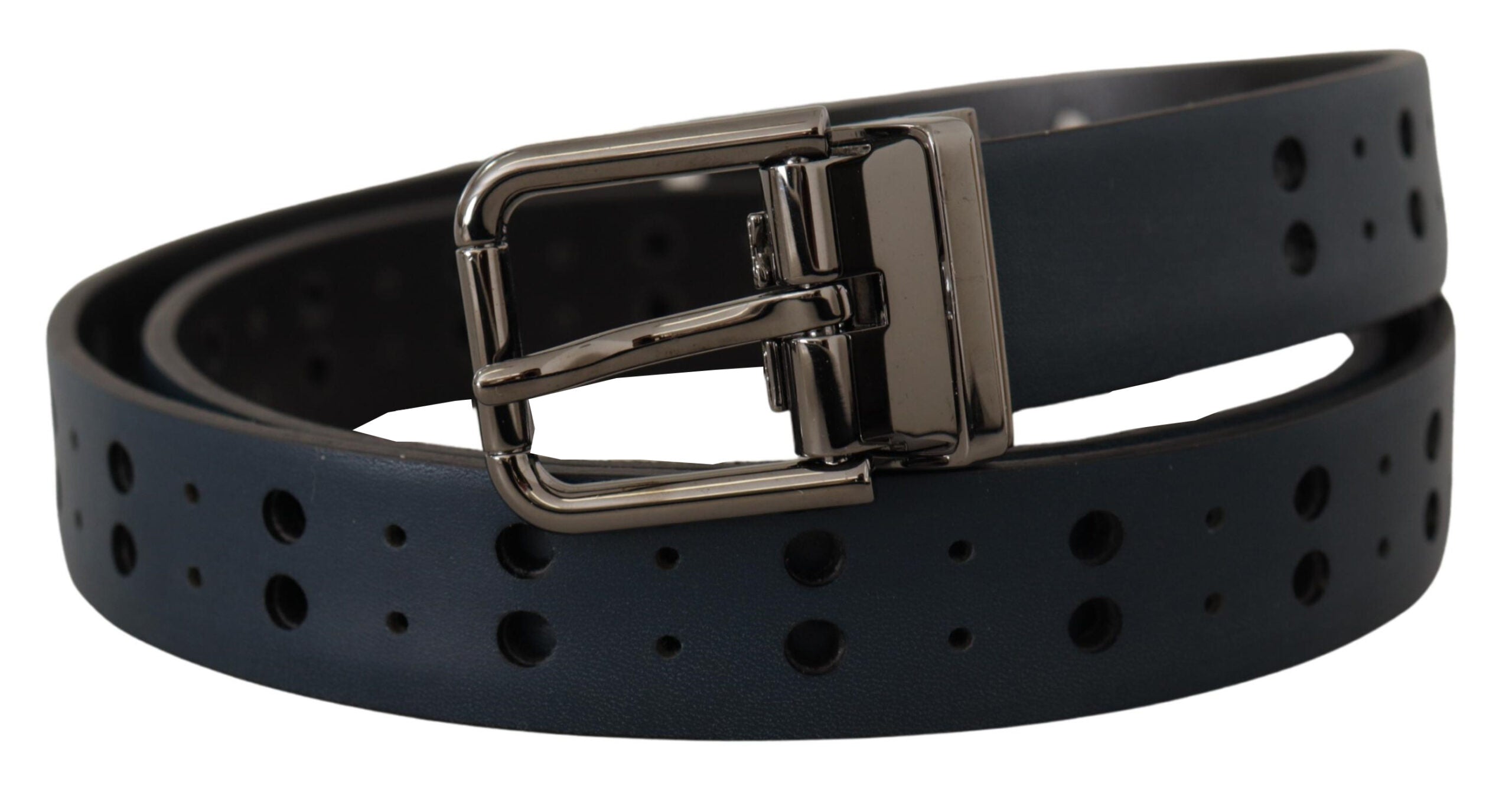 Dolce & Gabbana Blue Perforated Skinny Leather Belt with Metal Buckle-2
