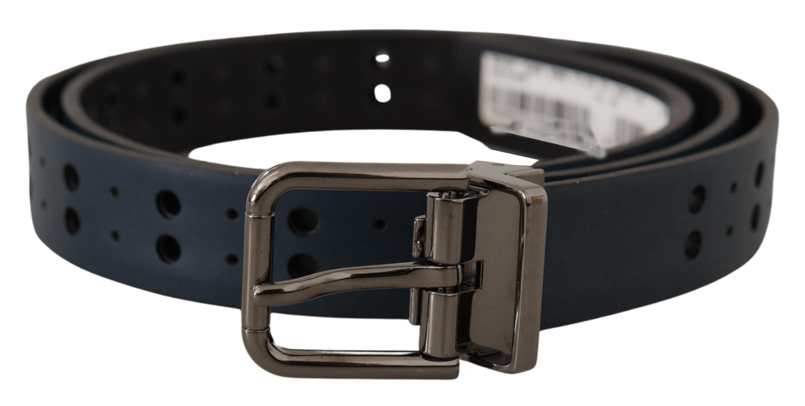 Dolce & Gabbana Blue Perforated Skinny Leather Belt with Metal Buckle-1