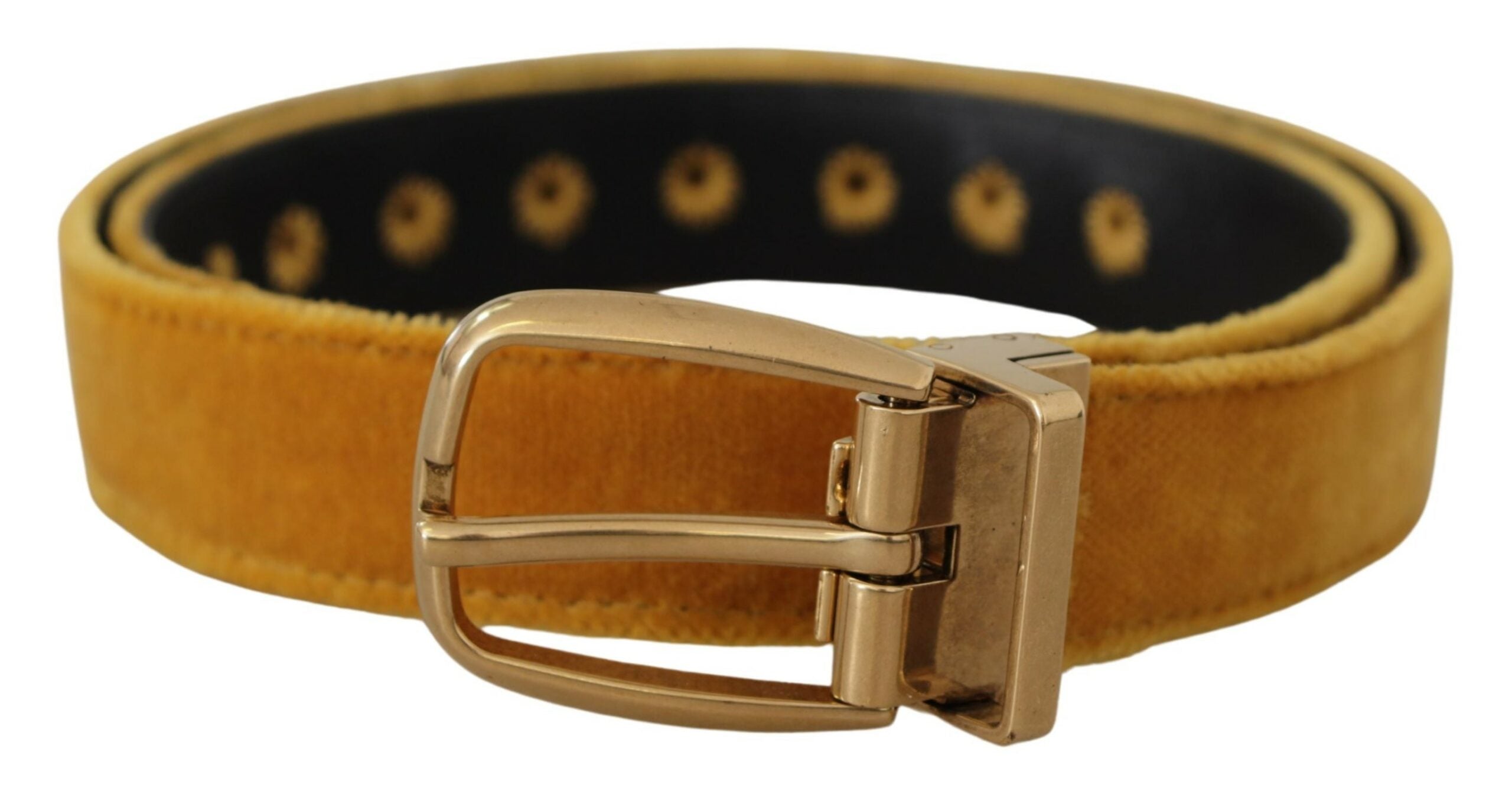 Dolce & Gabbana mustard yellow velvet belt with engraved logo and metal buckle-1