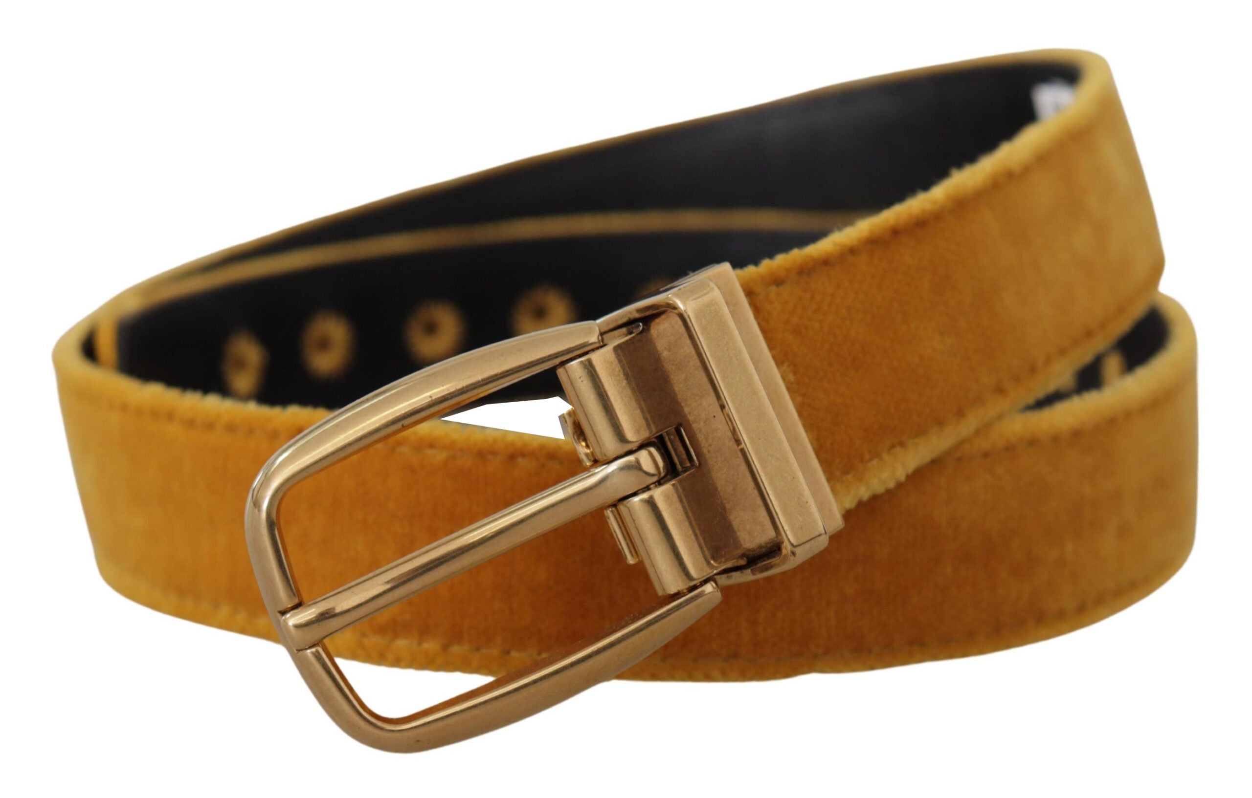 Dolce & Gabbana mustard yellow velvet belt with engraved logo and metal buckle-2