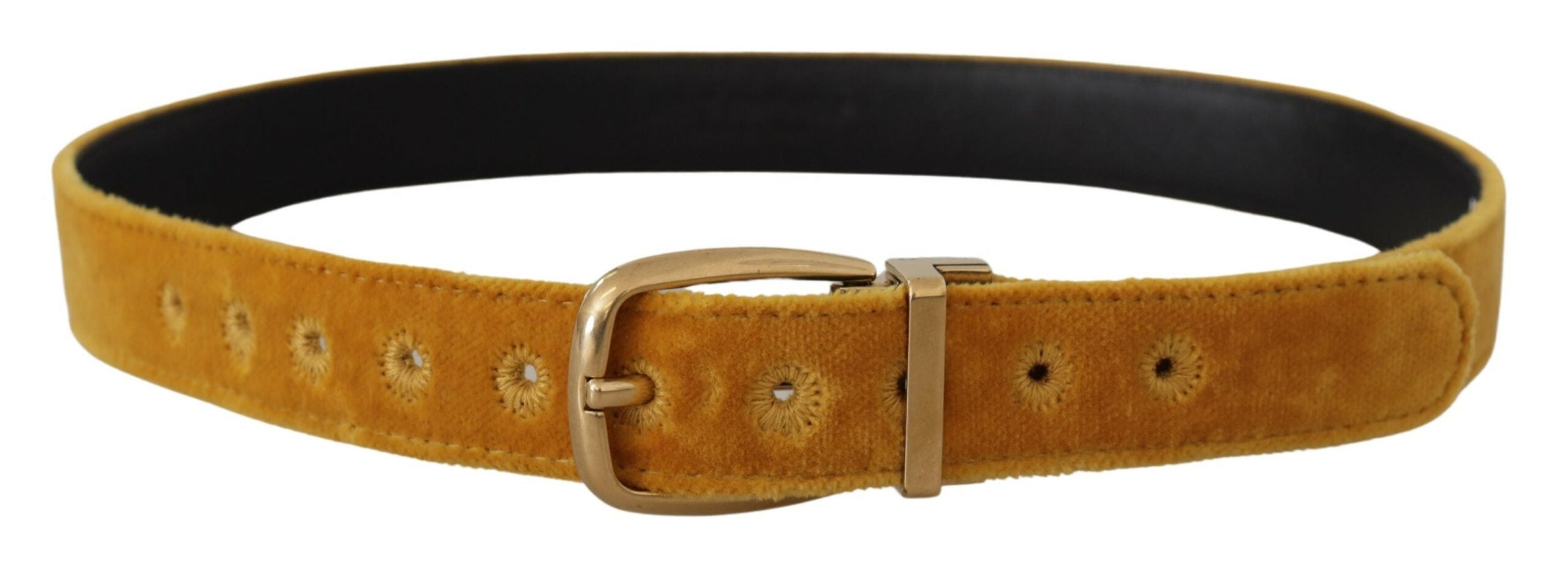 Dolce & Gabbana mustard yellow velvet belt with engraved logo and metal buckle-3