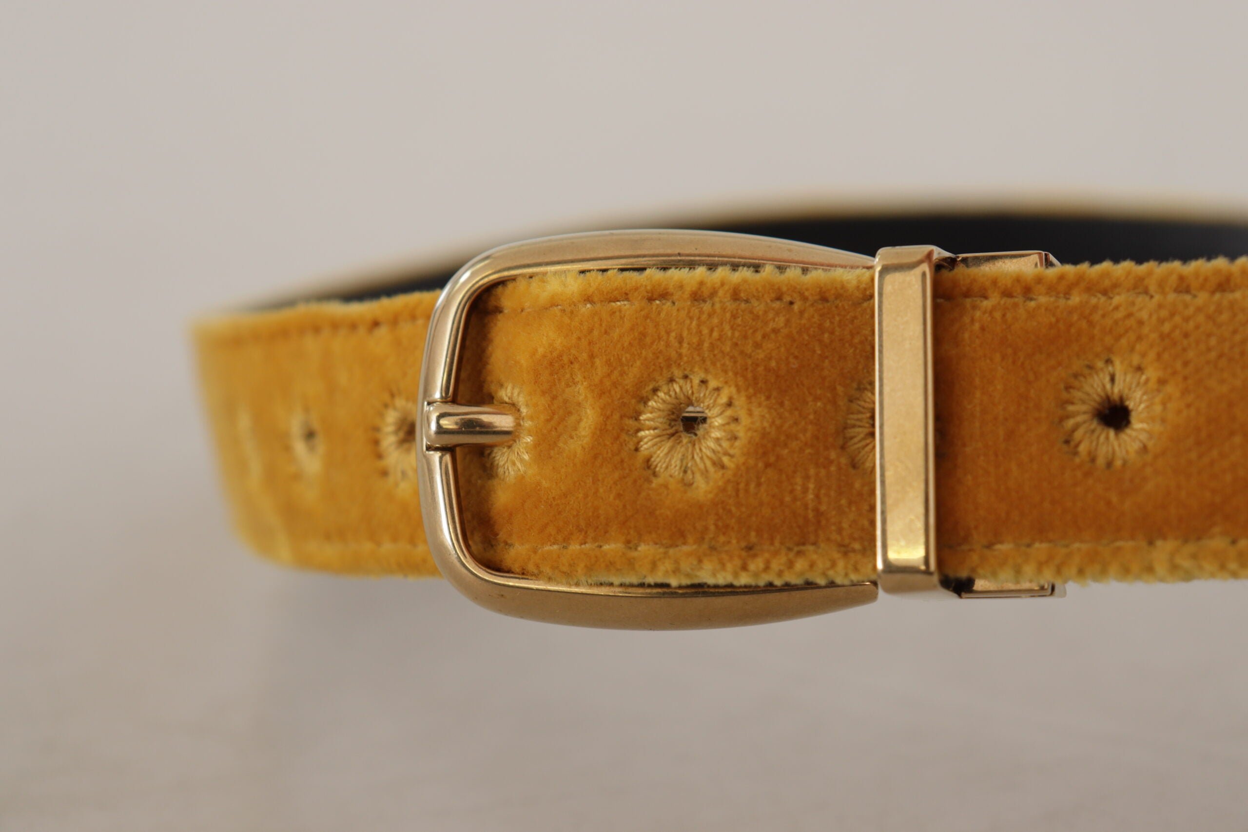 Dolce & Gabbana mustard yellow velvet belt with engraved logo and metal buckle-4