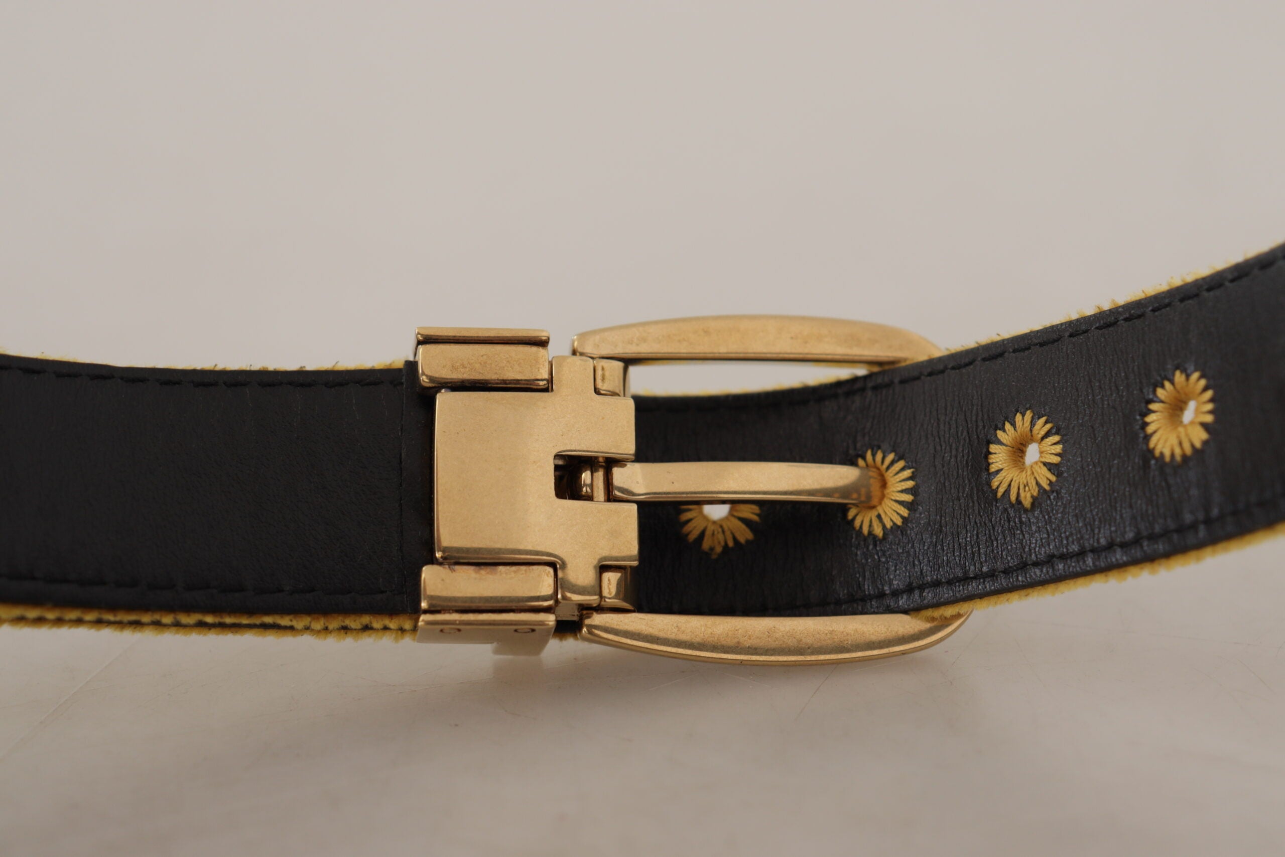 Dolce & Gabbana mustard yellow velvet belt with engraved logo and metal buckle-5