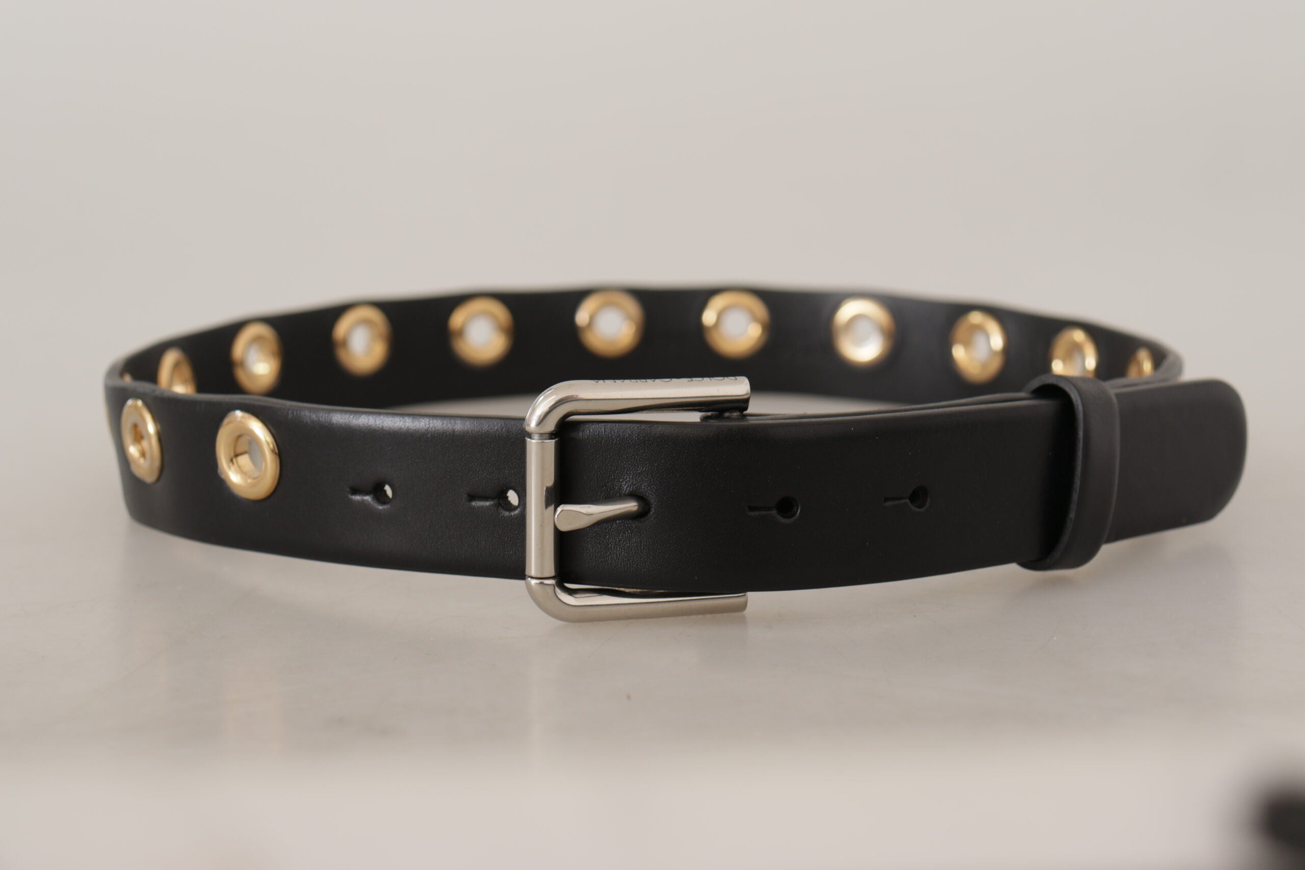 Dolce & Gabbana black leather eyelet belt with silver-tone metal buckle-3