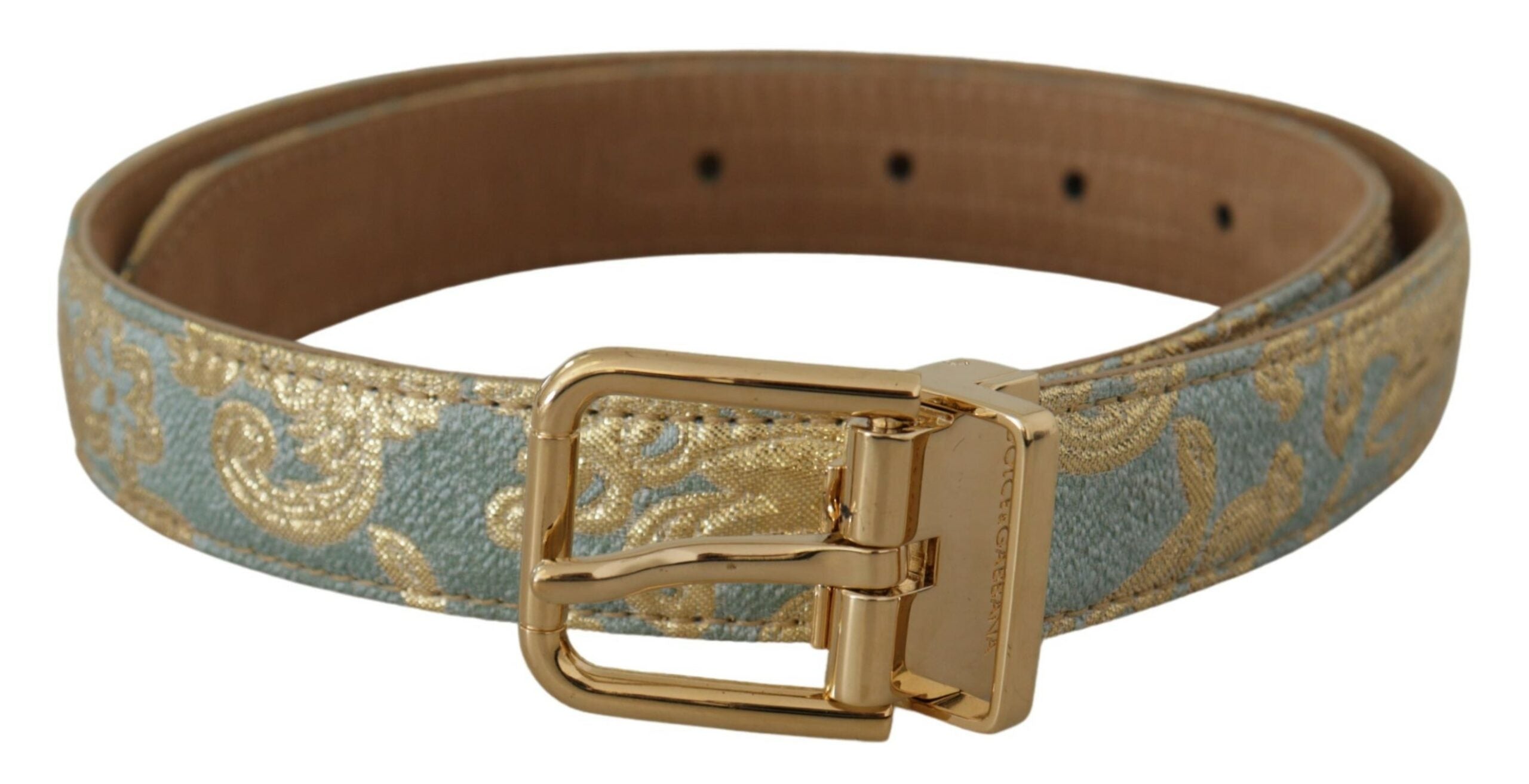 Dolce & Gabbana blue leather jacquard belt with embossed gold metal buckle-1